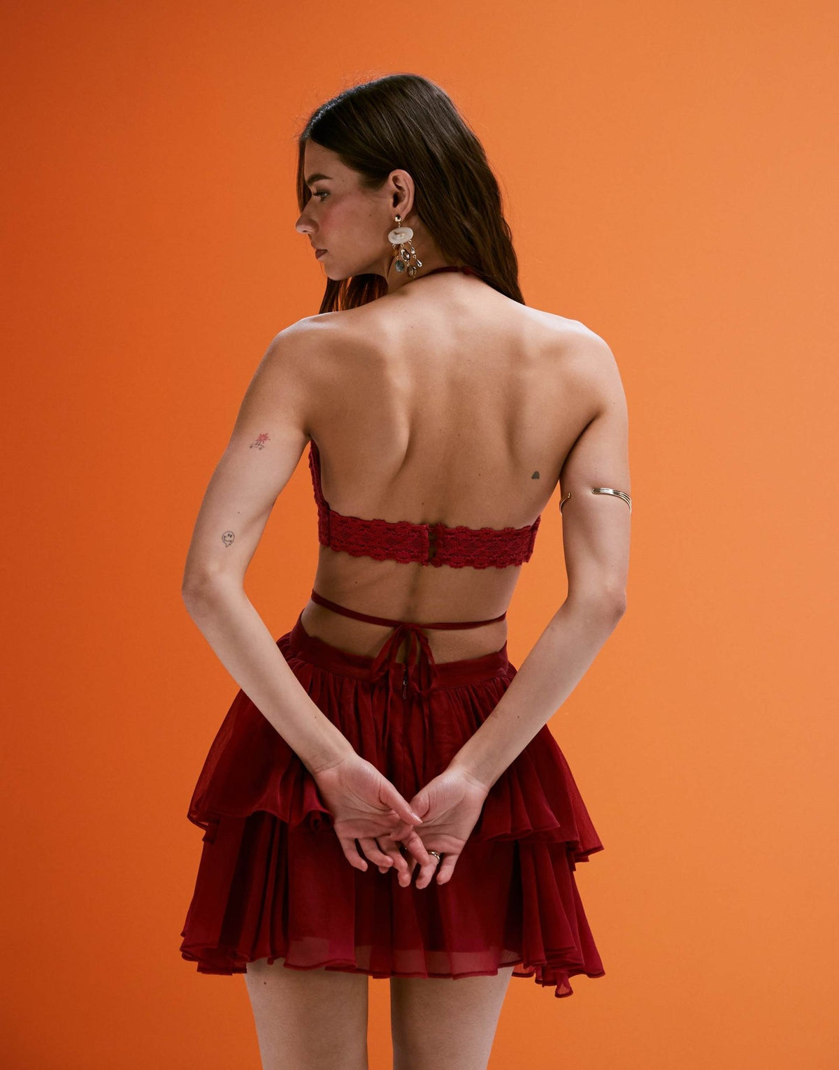 ASOS DESIGN crochet and faux suede bust cut out mini dress with tiered skirt in deep pink - ASOS Sample Sale