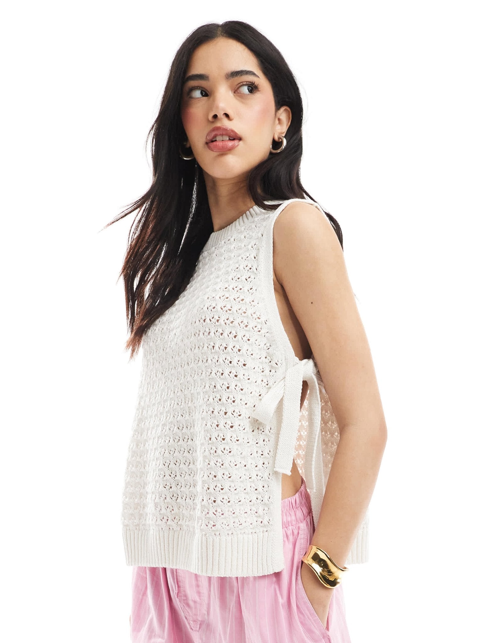 ASOS DESIGN crochet knit tabard vest with tie sides in ecru - ASOS Sample Sale