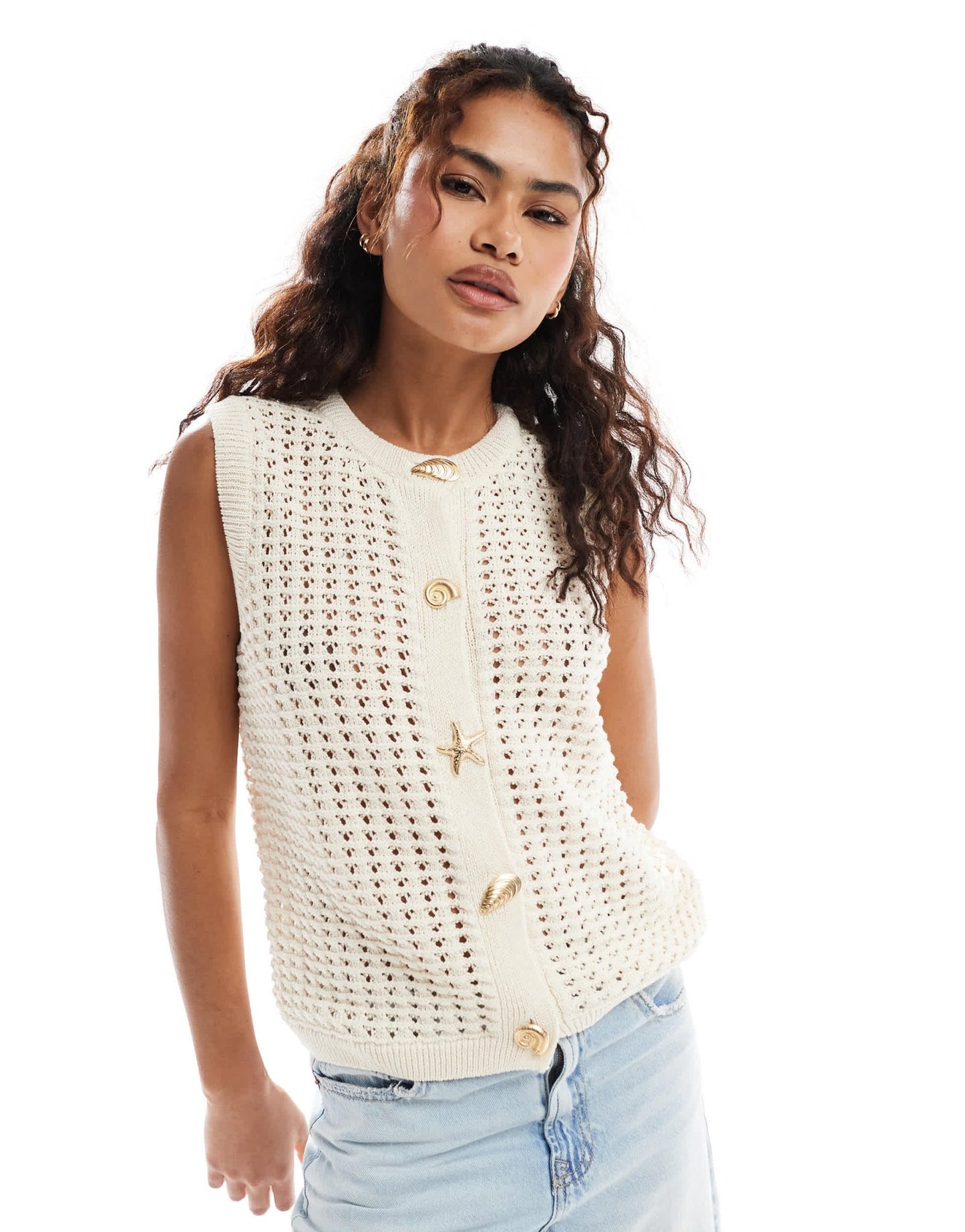 ASOS DESIGN crochet knit tank top with gold buttons in ecru - ASOS Sample Sale