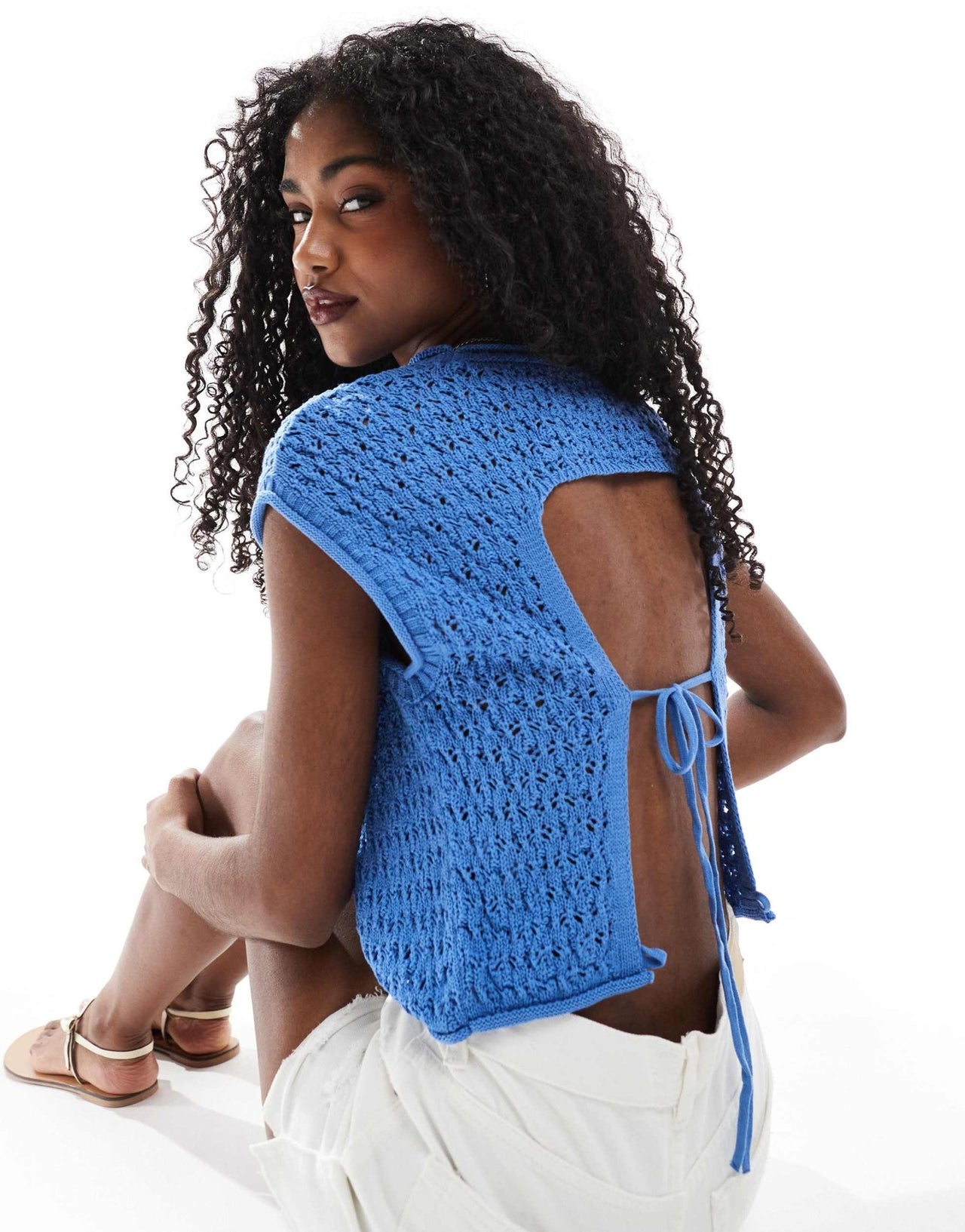 ASOS DESIGN crochet knit tank top with open back in light blue - ASOS Sample Sale