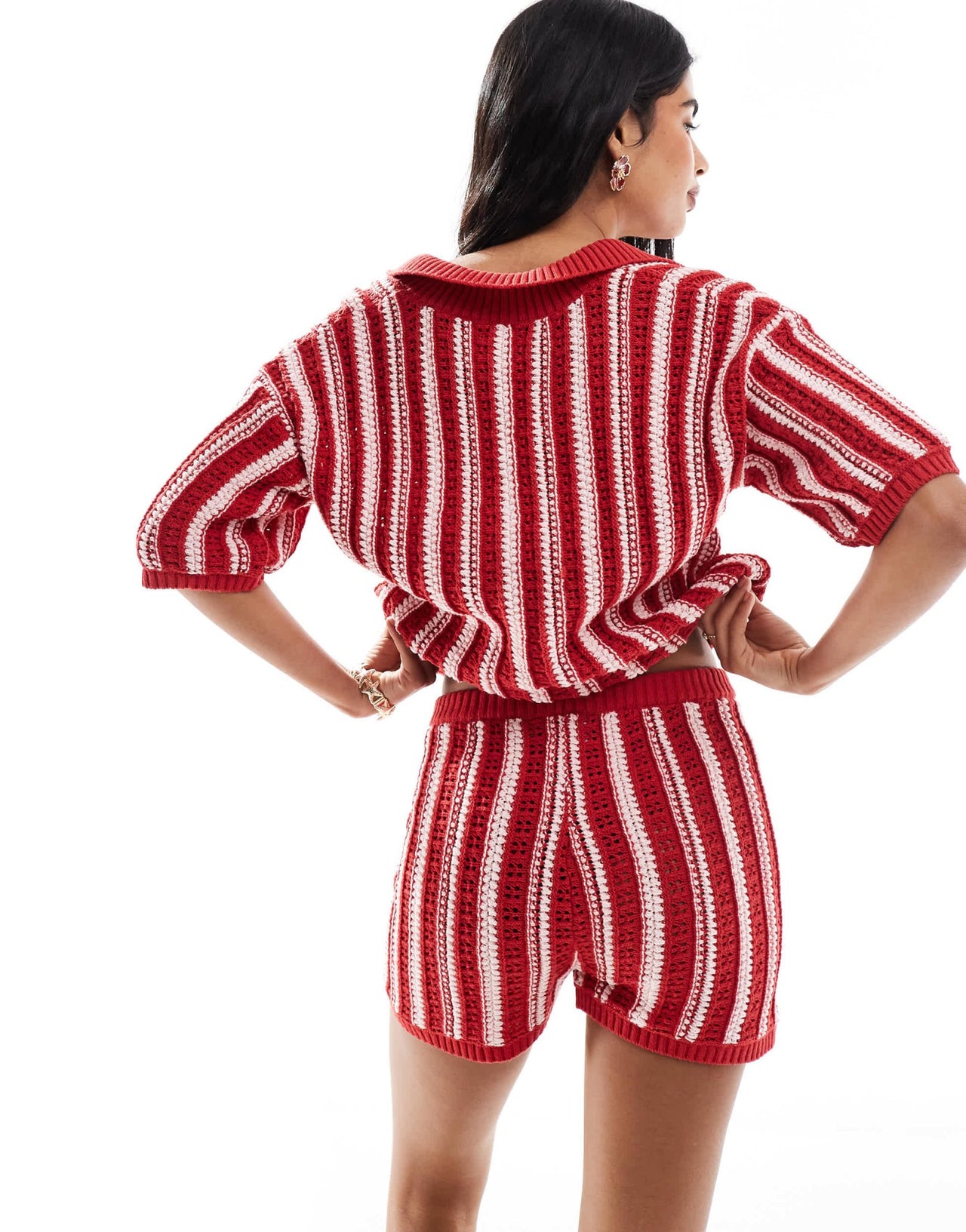 ASOS DESIGN crochet look short co - ord in red stripe - ASOS Sample Sale