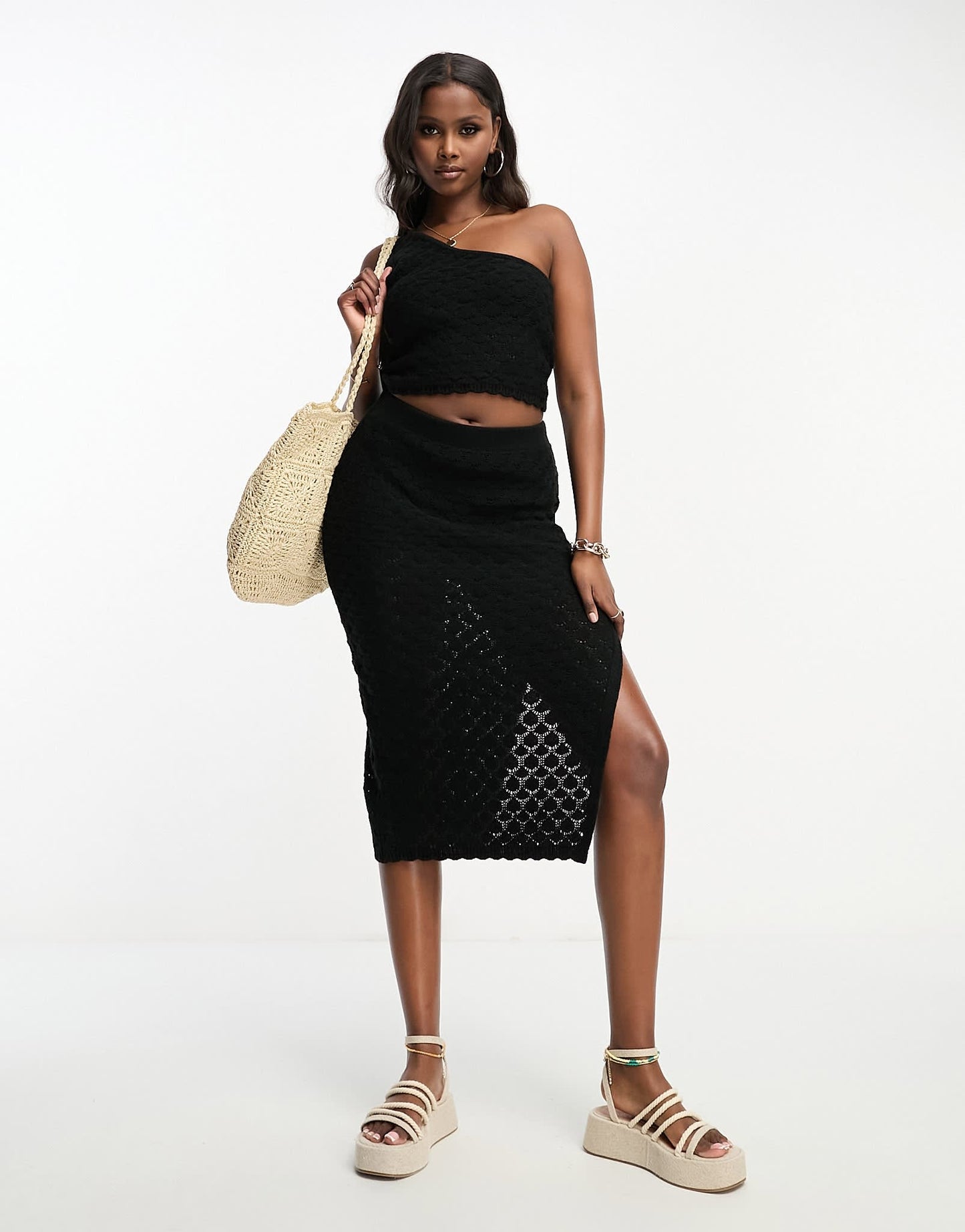 ASOS DESIGN crochet one shoulder top in wave stitch in black co - ord - ASOS Sample Sale