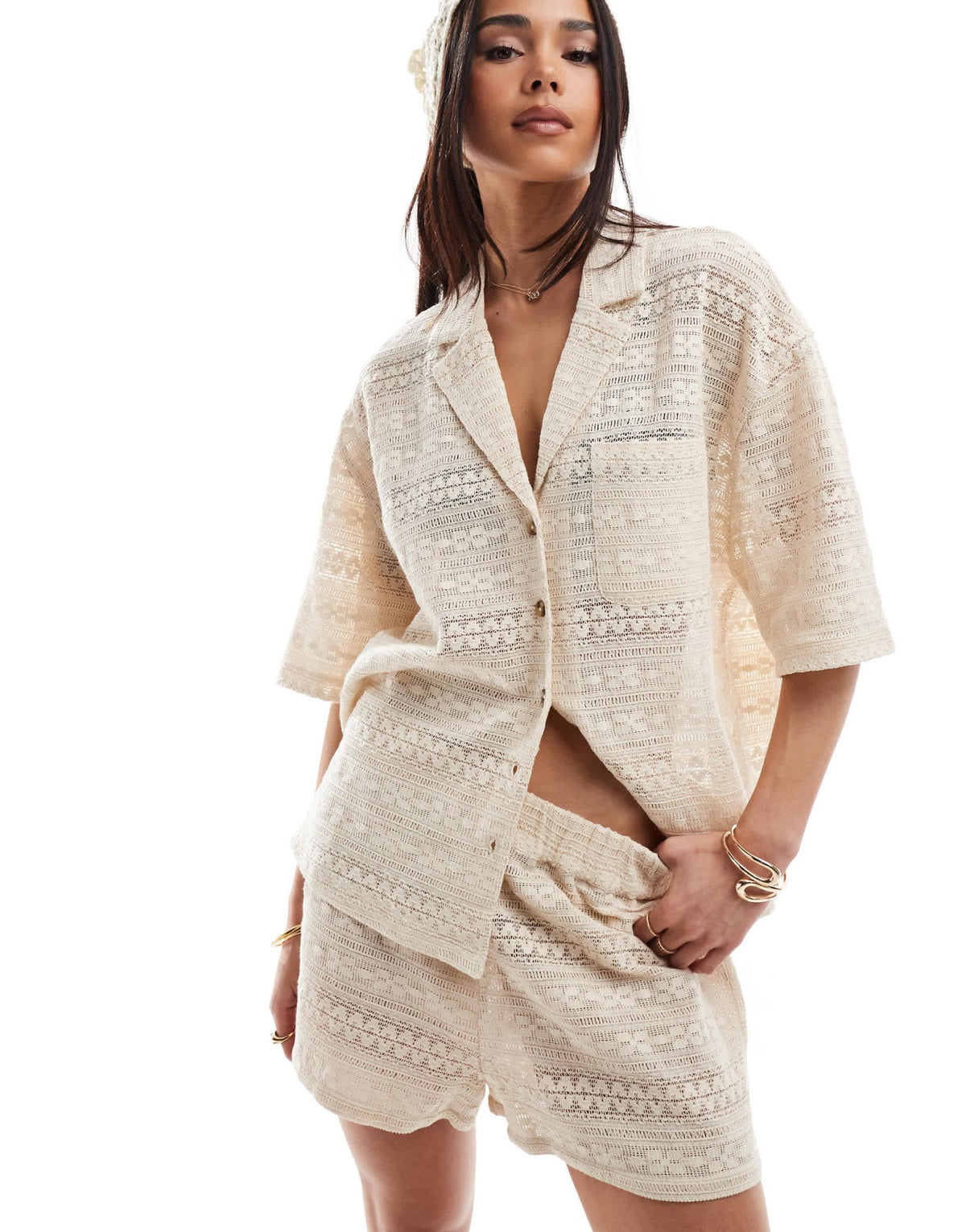 ASOS DESIGN crochet revere shirt co-ord in cream - ASOS Sample Sale