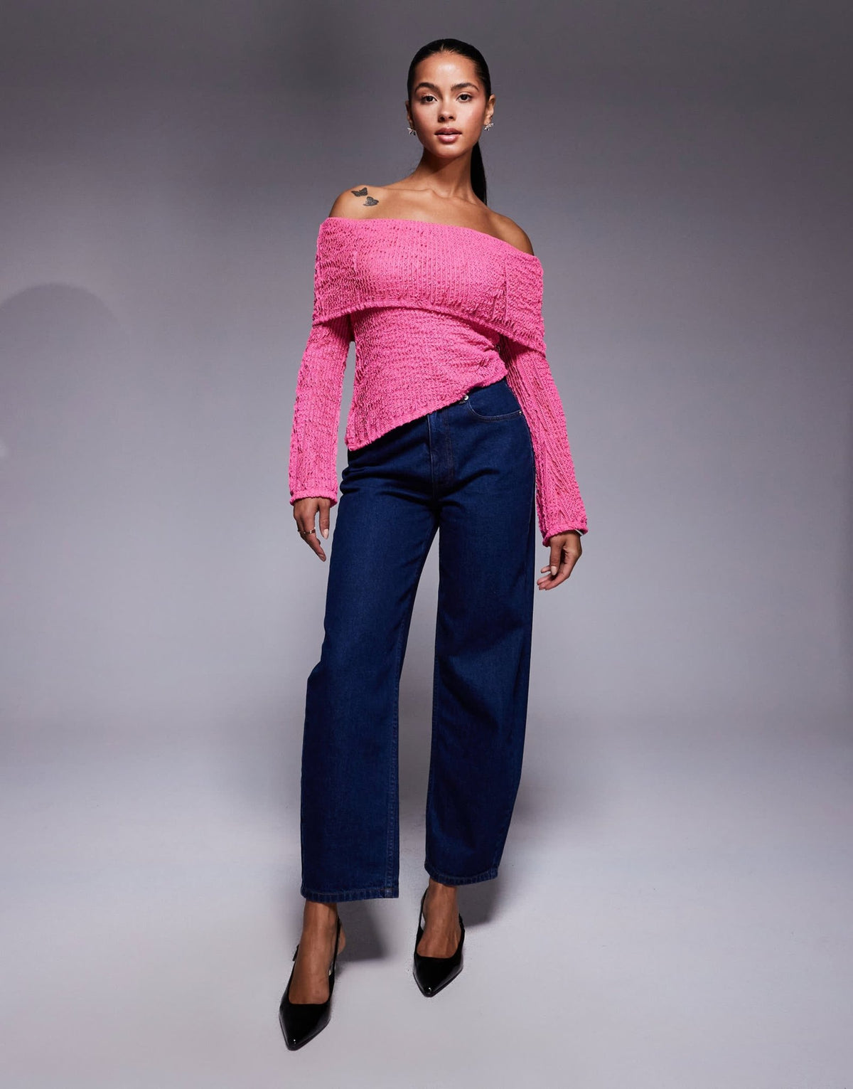 ASOS DESIGN crochet semi sheer bardot top with asymmetric hem in bright pink - ASOS Sample Sale