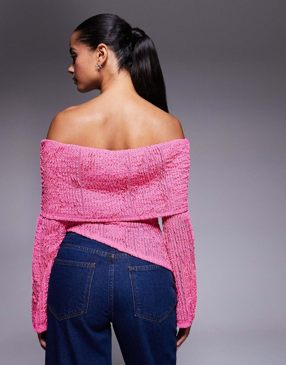 ASOS DESIGN crochet semi sheer bardot top with asymmetric hem in bright pink - ASOS Sample Sale