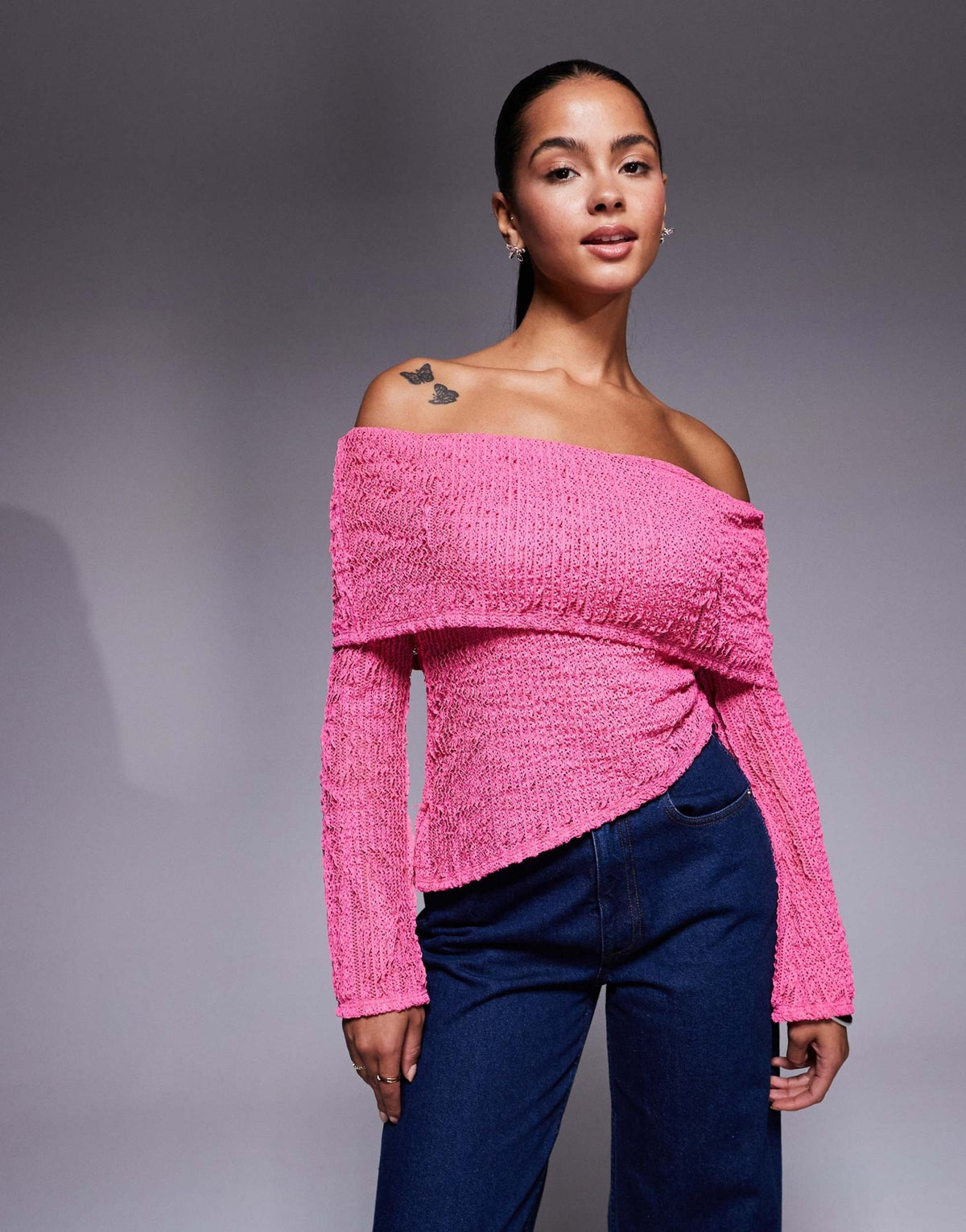 ASOS DESIGN crochet semi sheer bardot top with asymmetric hem in bright pink - ASOS Sample Sale