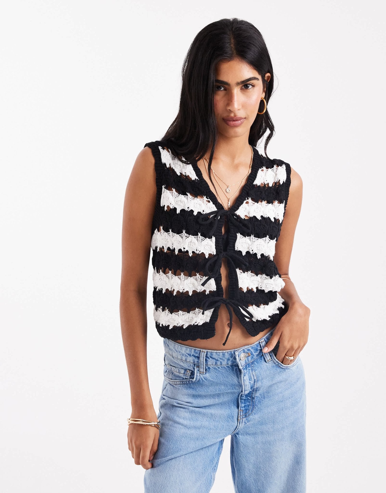 ASOS DESIGN crochet tie front knitted waistcoat in stripe - ASOS Sample Sale