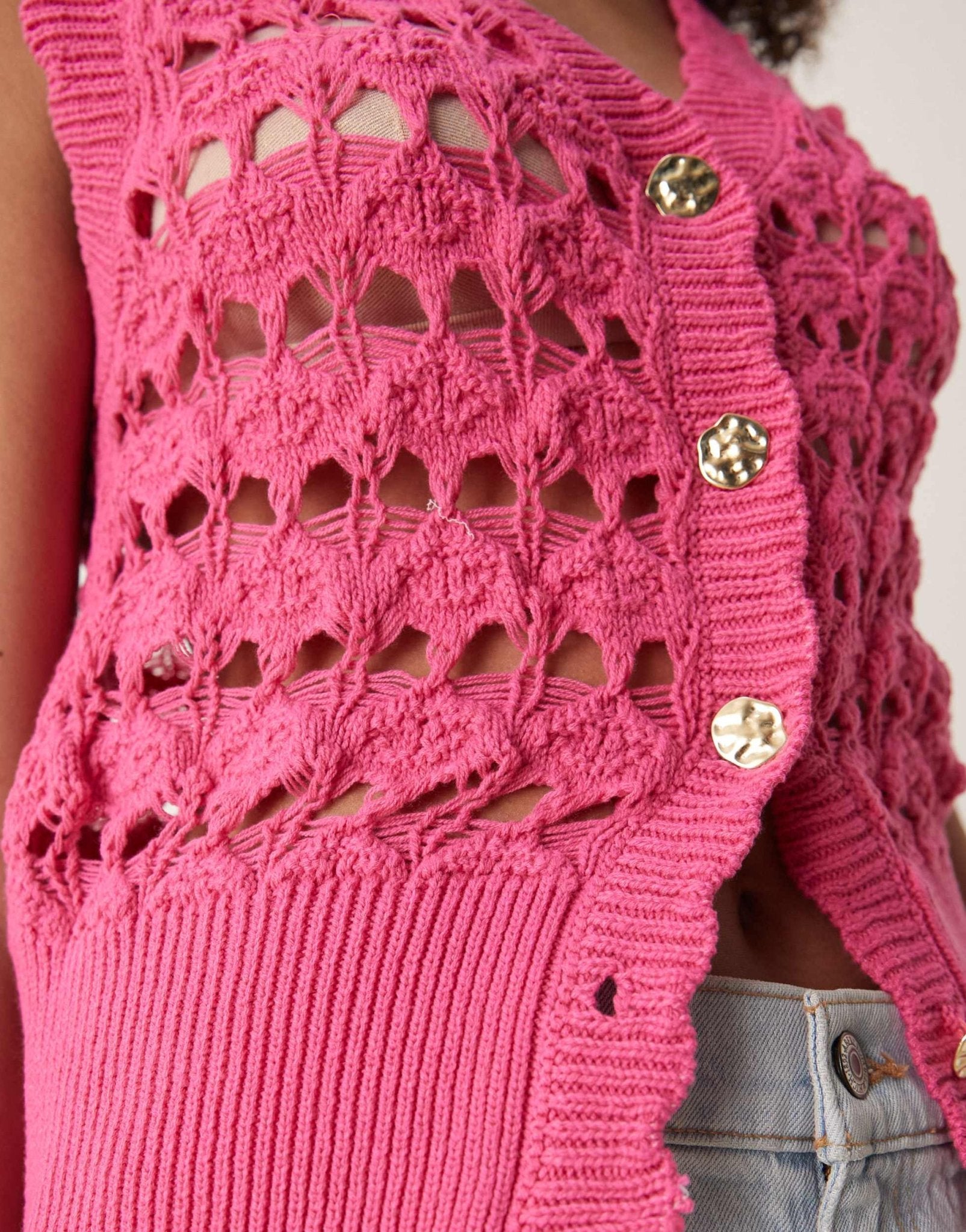 ASOS DESIGN crochet waistcoat with scallop trim and silver buttons in pink - ASOS Sample Sale
