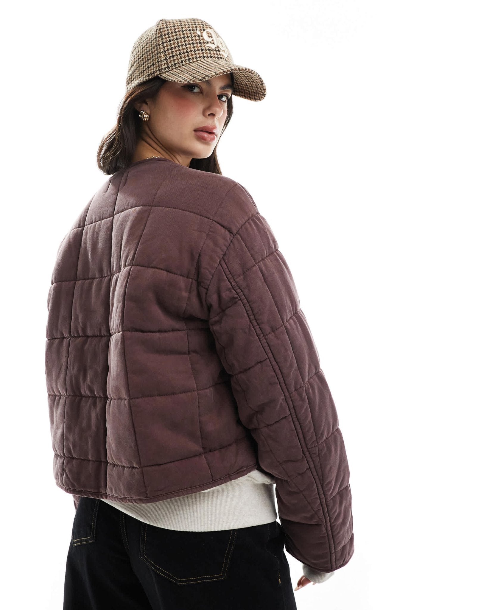 ASOS DESIGN crop collarless quilted jacket in chocolate - ASOS Sample Sale
