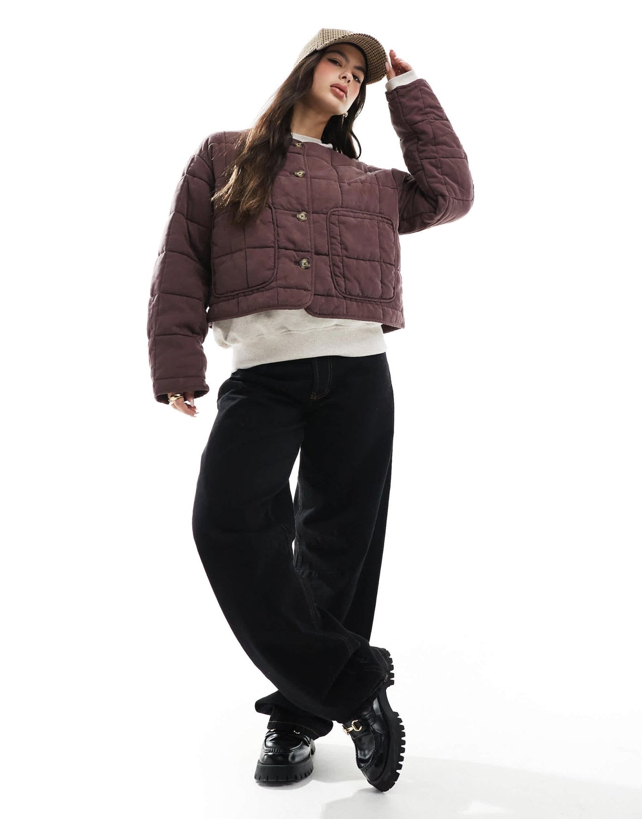 ASOS DESIGN crop collarless quilted jacket in chocolate - ASOS Sample Sale