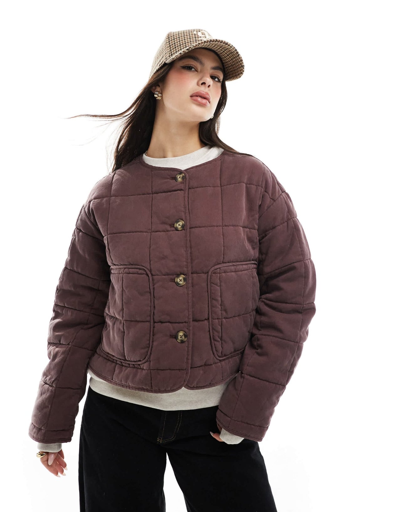 ASOS DESIGN crop collarless quilted jacket in chocolate - ASOS Sample Sale