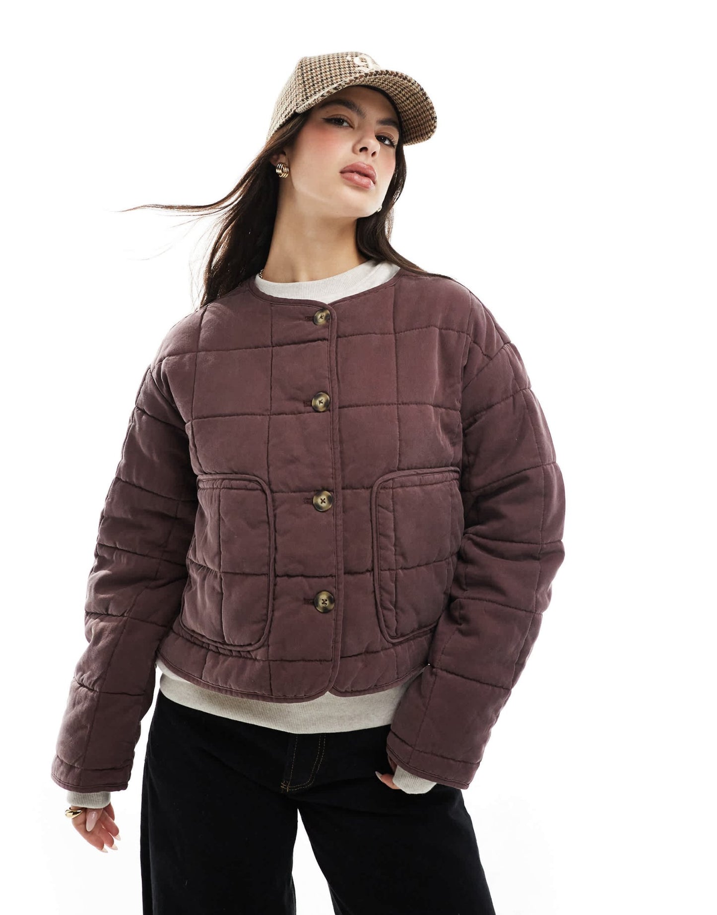ASOS DESIGN crop collarless quilted jacket in chocolate - ASOS Sample Sale