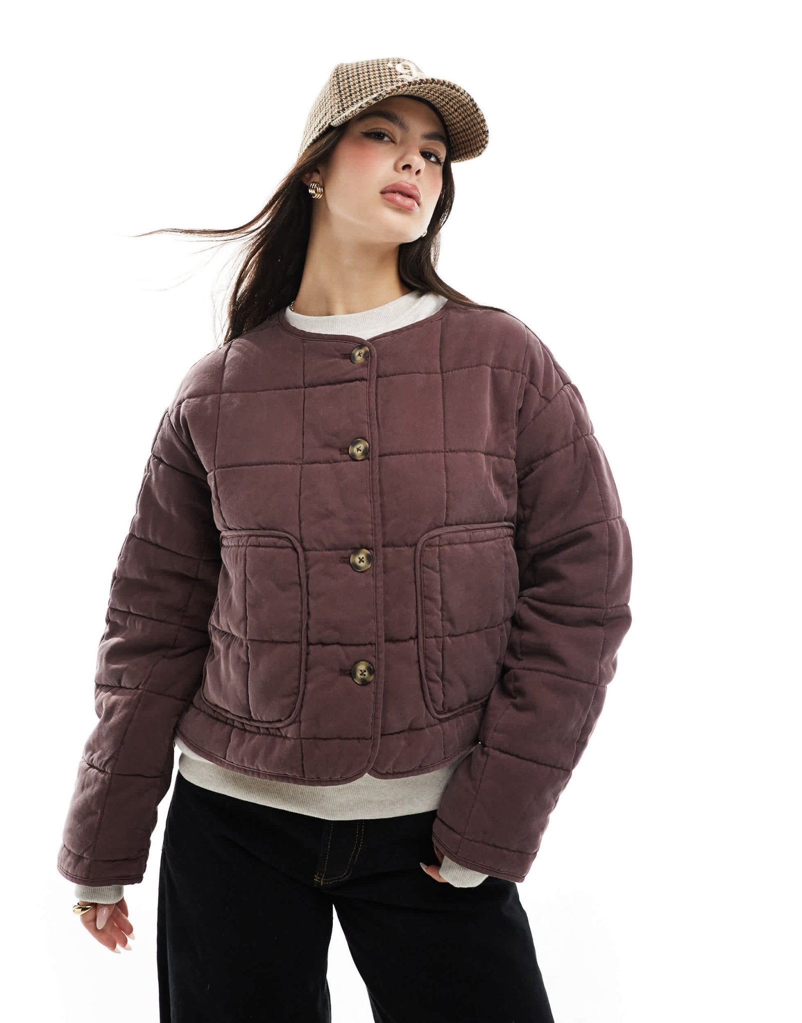 ASOS DESIGN crop collarless quilted jacket in chocolate - ASOS Sample Sale