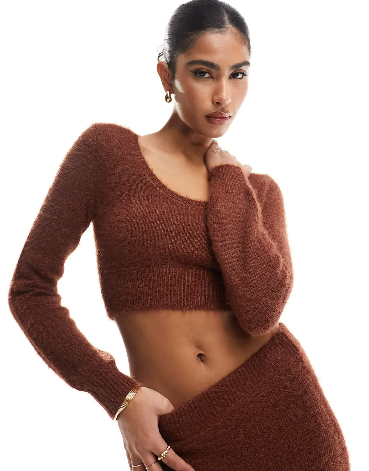 ASOS DESIGN crop jumper with scoop neck in fluffy yarn in toffee co-ord - ASOS Sample Sale