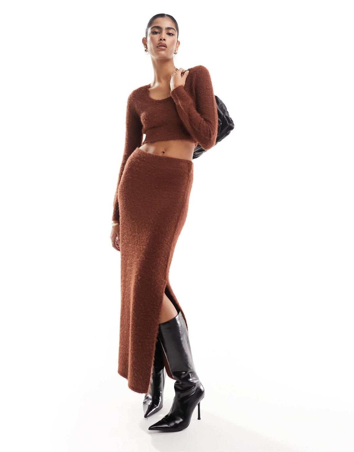 ASOS DESIGN crop jumper with scoop neck in fluffy yarn in toffee co-ord - ASOS Sample Sale