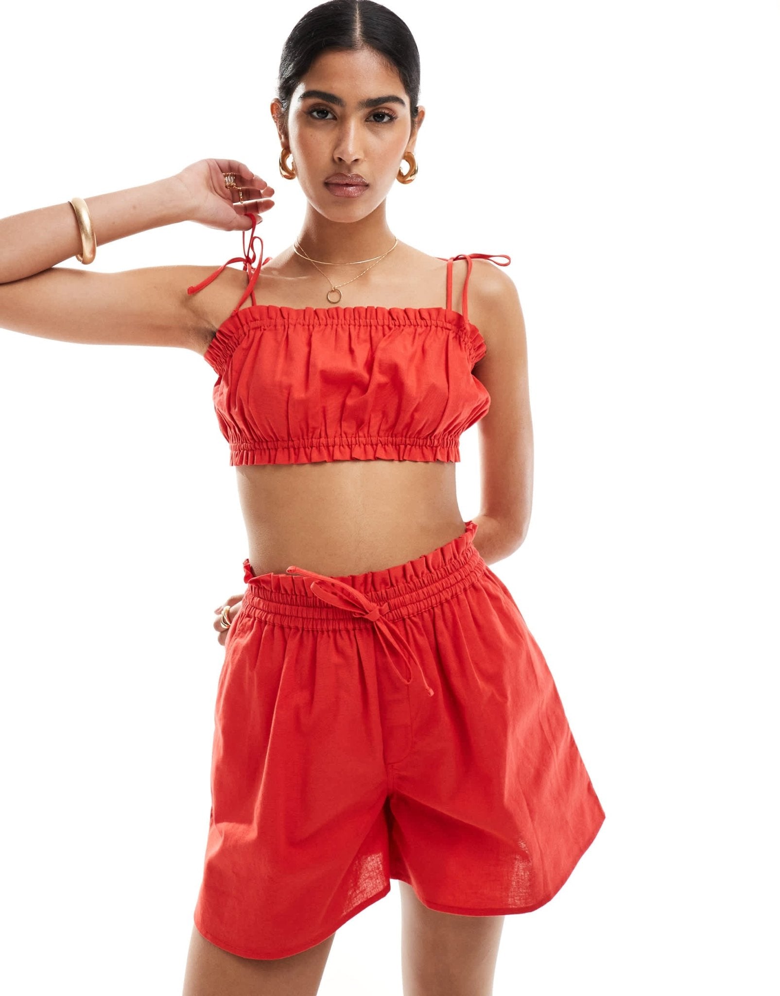 ASOS DESIGN crop top with ruffle and tie detail in red co - ord - ASOS Sample Sale