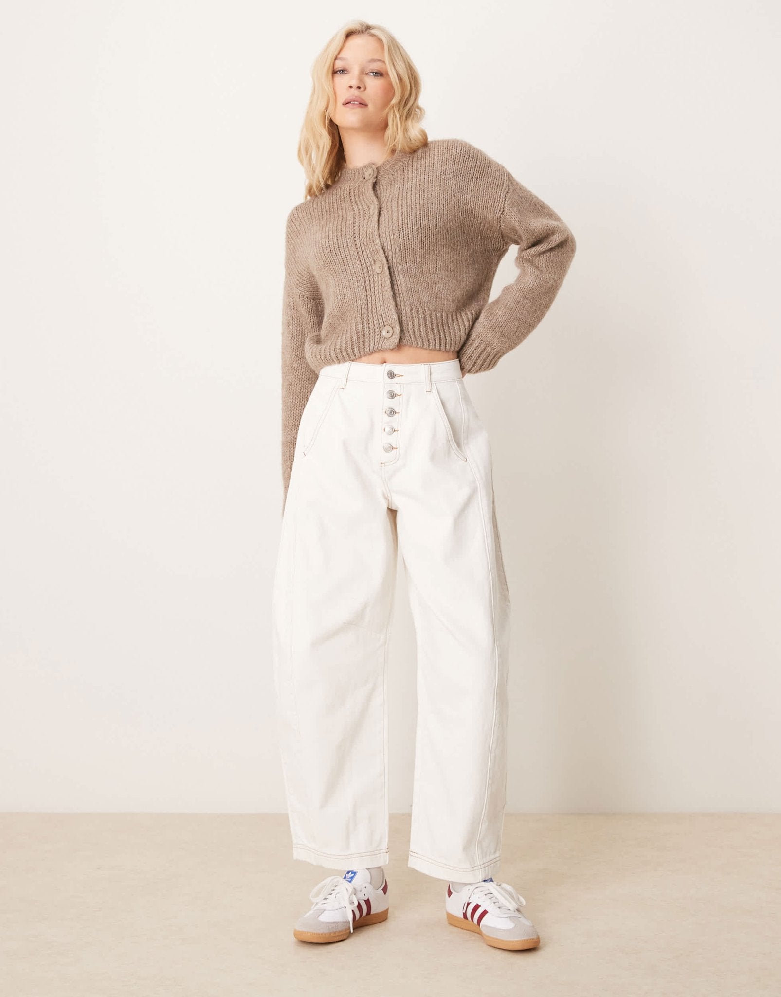 ASOS DESIGN cropped barrel leg jean with button fly in ecru - ASOS Sample Sale
