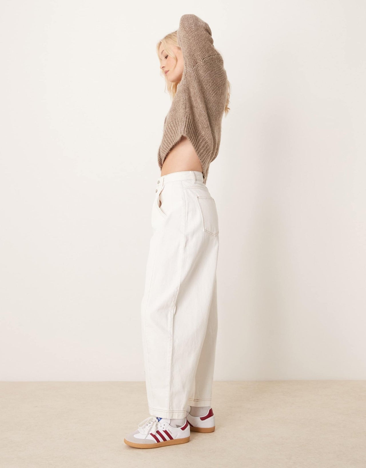 ASOS DESIGN cropped barrel leg jean with button fly in ecru - ASOS Sample Sale