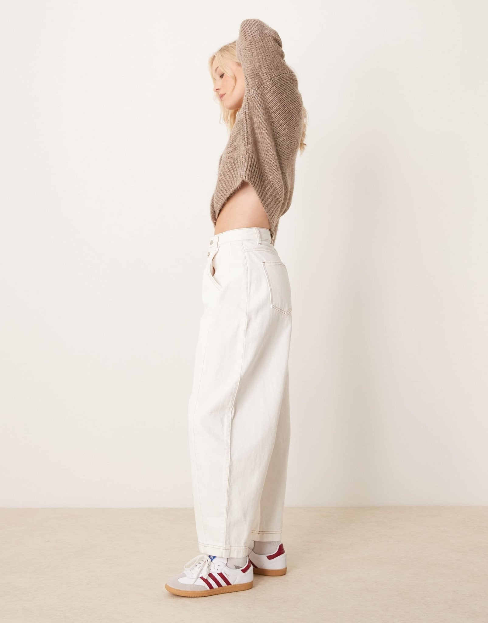 ASOS DESIGN cropped barrel leg jean with button fly in ecru - ASOS Sample Sale