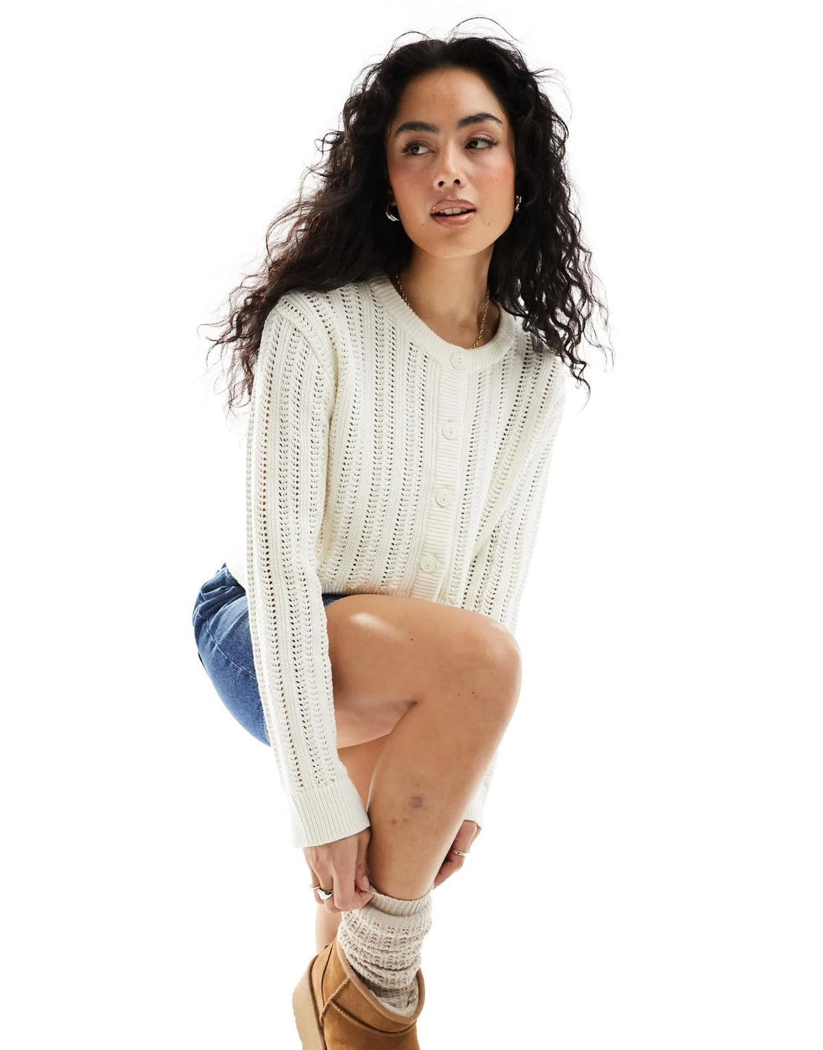 ASOS DESIGN cropped crew neck cardigan in open stitch in cream - ASOS Sample Sale