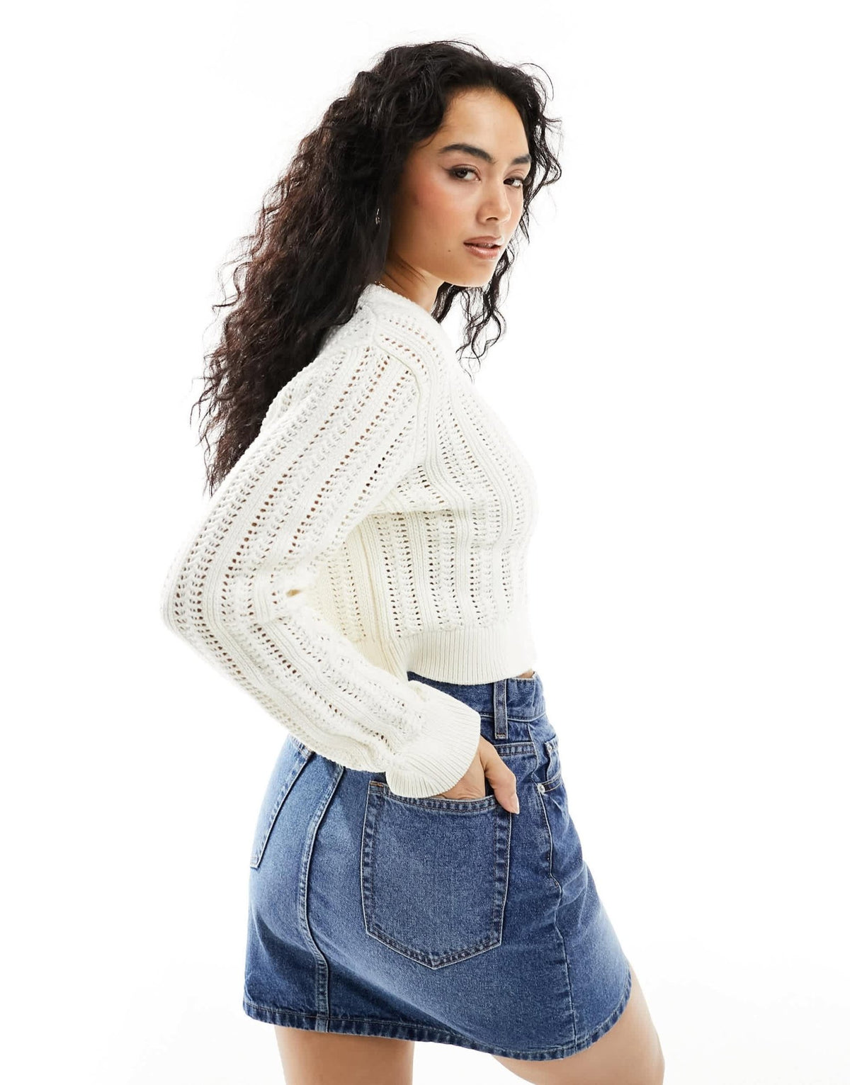 ASOS DESIGN cropped crew neck cardigan in open stitch in cream - ASOS Sample Sale