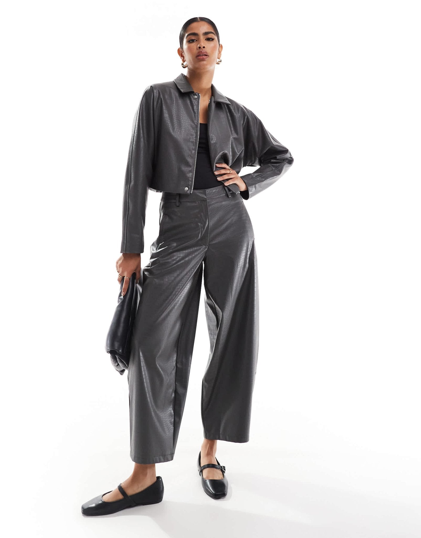 ASOS DESIGN cropped faux leather jacket co - ord in grey croc - ASOS Sample Sale