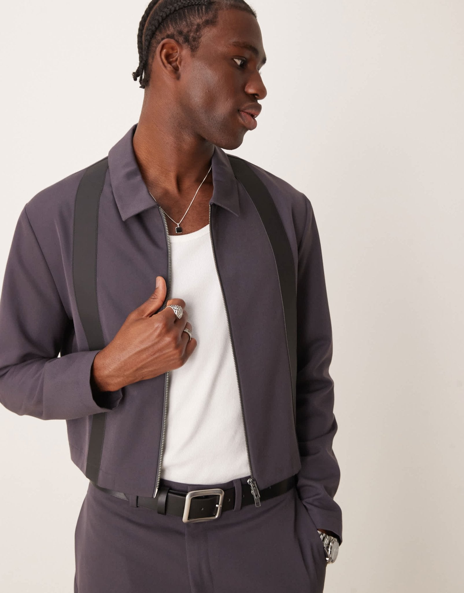 ASOS DESIGN cropped slim smart co - ord harrington jacket with pu trim in charcoal - ASOS Sample Sale