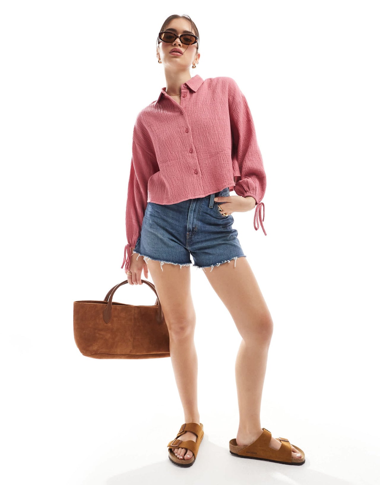ASOS DESIGN cropped textured cotton shirt in pink - ASOS Sample Sale