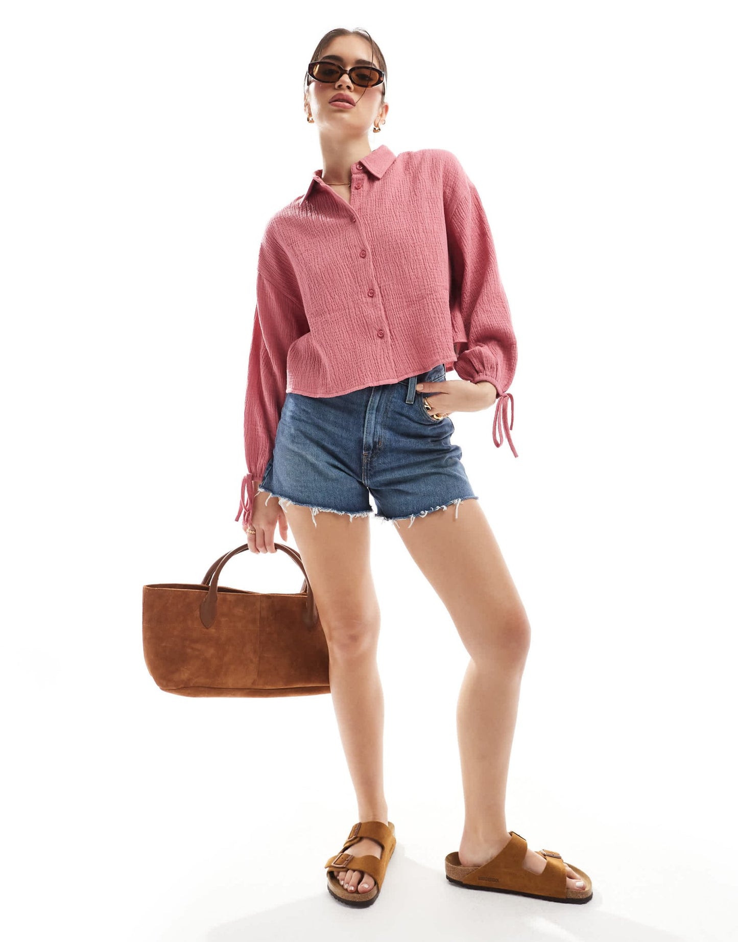 ASOS DESIGN cropped textured cotton shirt in pink - ASOS Sample Sale