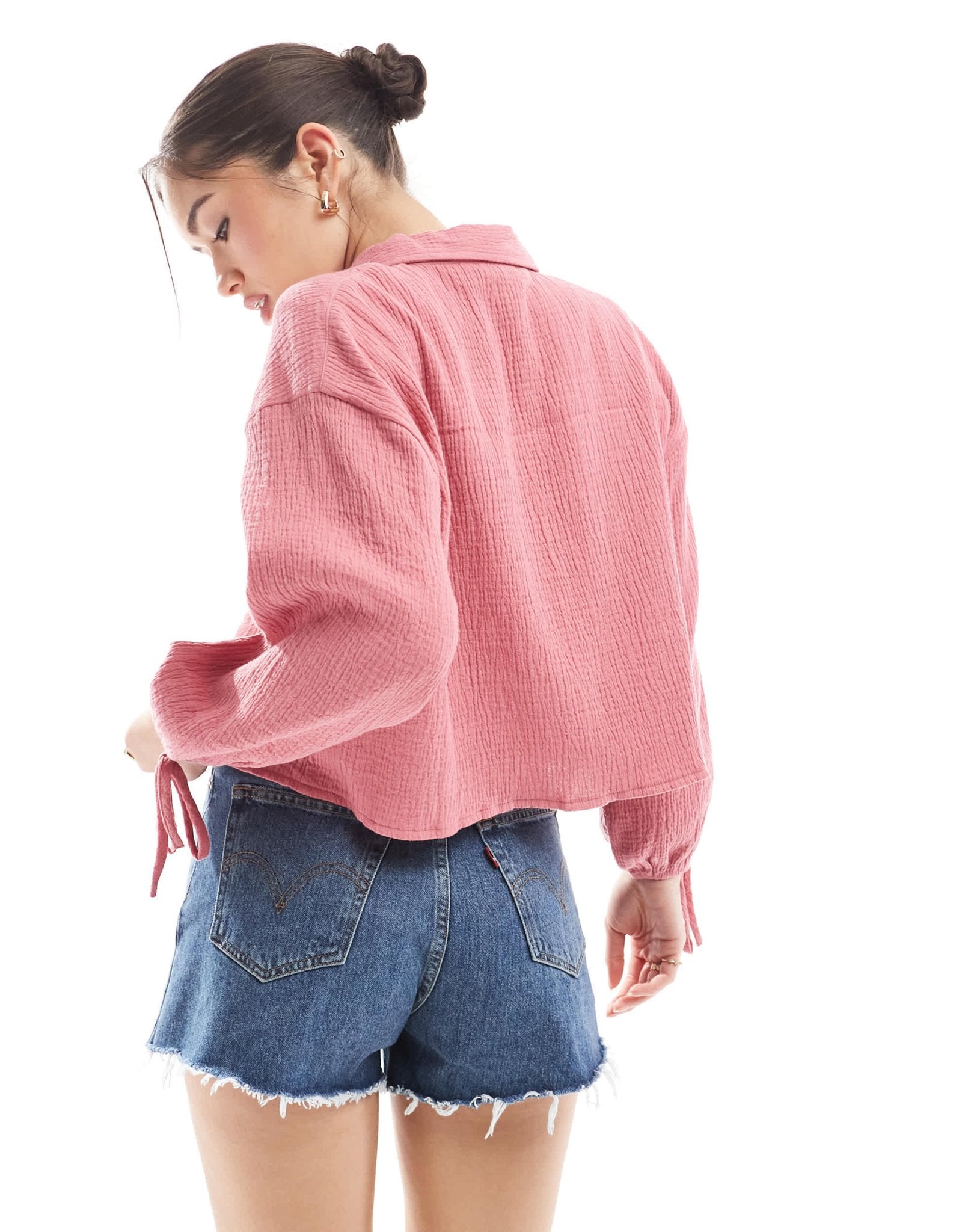 ASOS DESIGN cropped textured cotton shirt in pink - ASOS Sample Sale