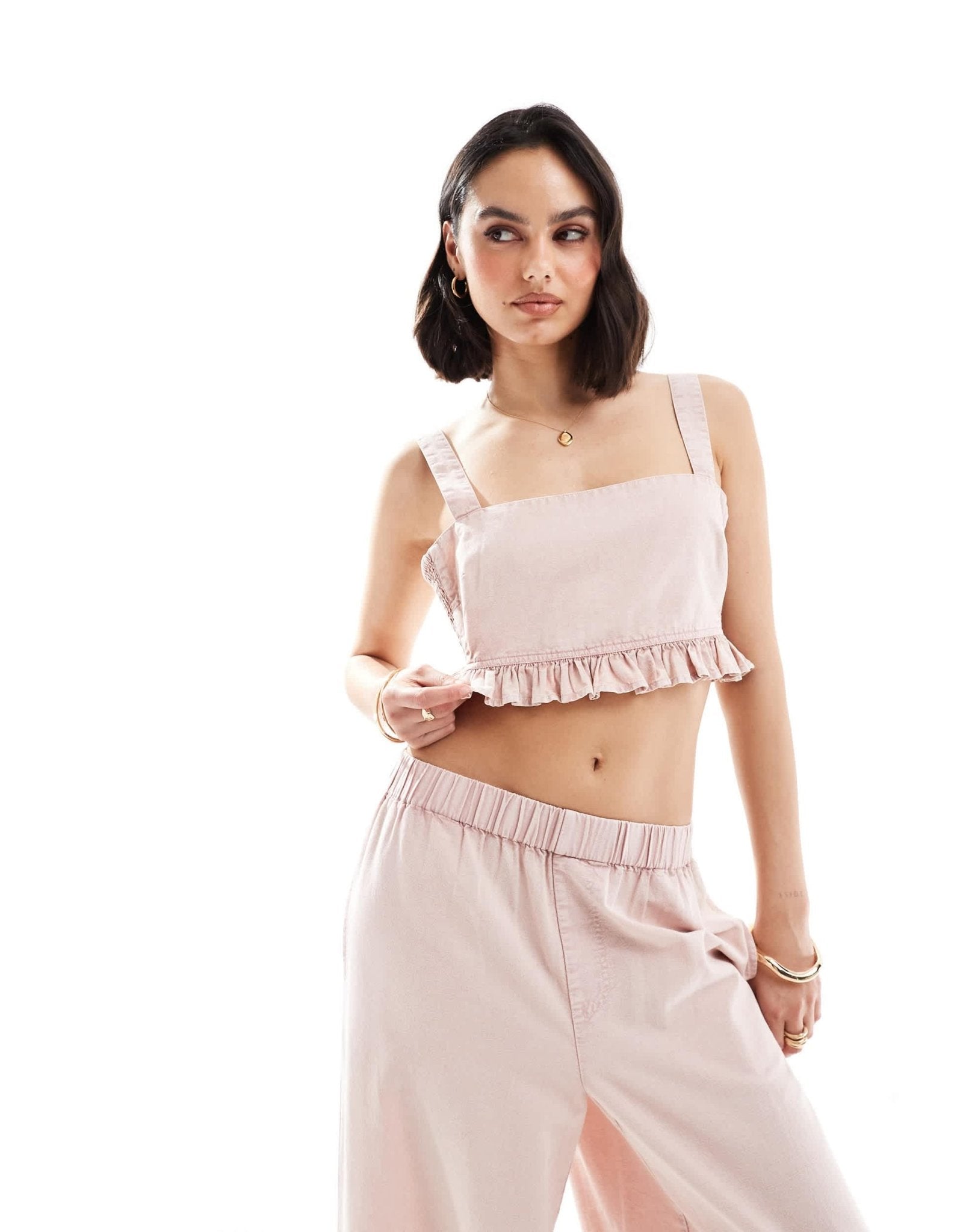 ASOS DESIGN cropped vest with shirred panels with linen in washed pink co - ord - ASOS Sample Sale