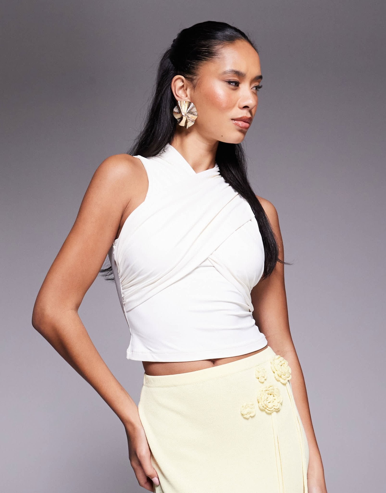 ASOS DESIGN cross wrap polyamide top in cream - ASOS Sample Sale