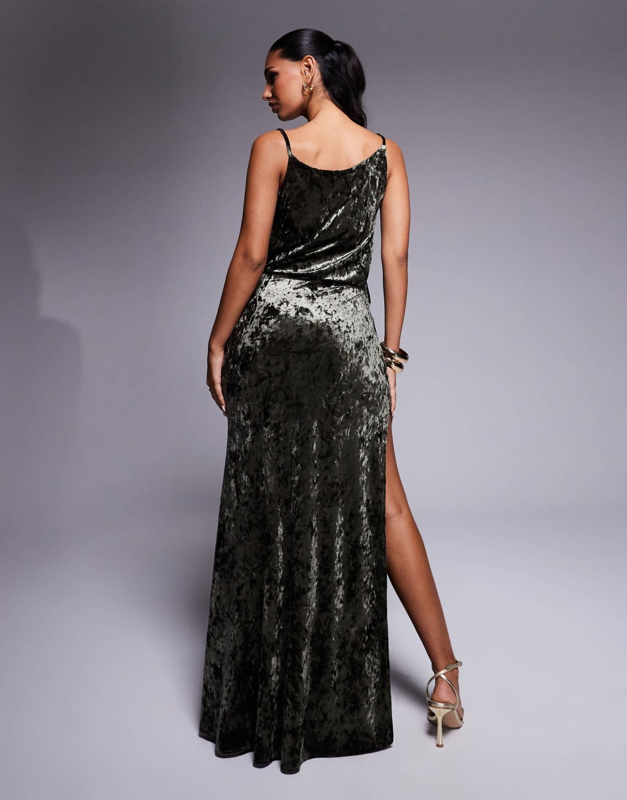 ASOS DESIGN crushed velvet trim detail draped maxi dress in khaki - ASOS Sample Sale