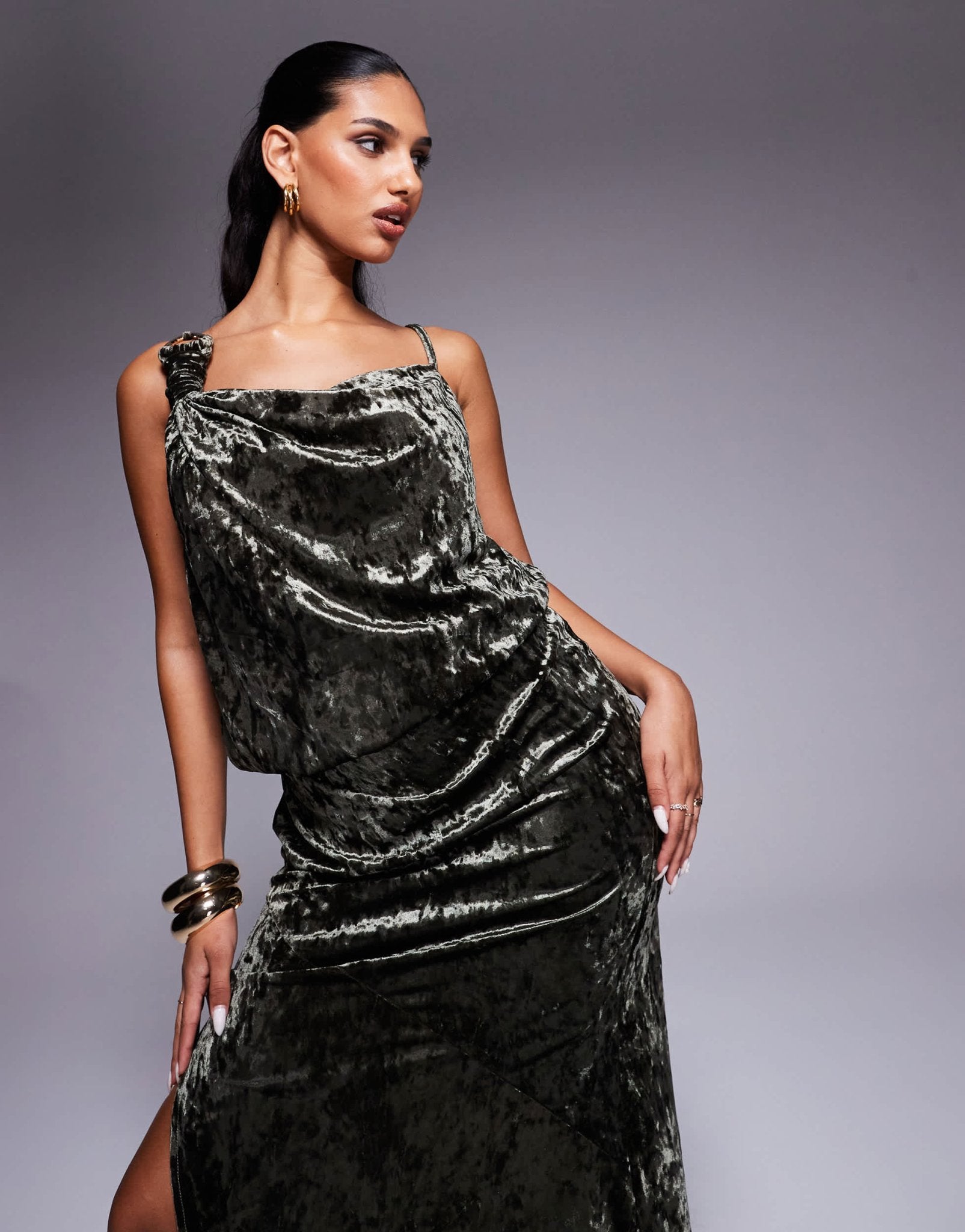 ASOS DESIGN crushed velvet trim detail draped maxi dress in khaki - ASOS Sample Sale