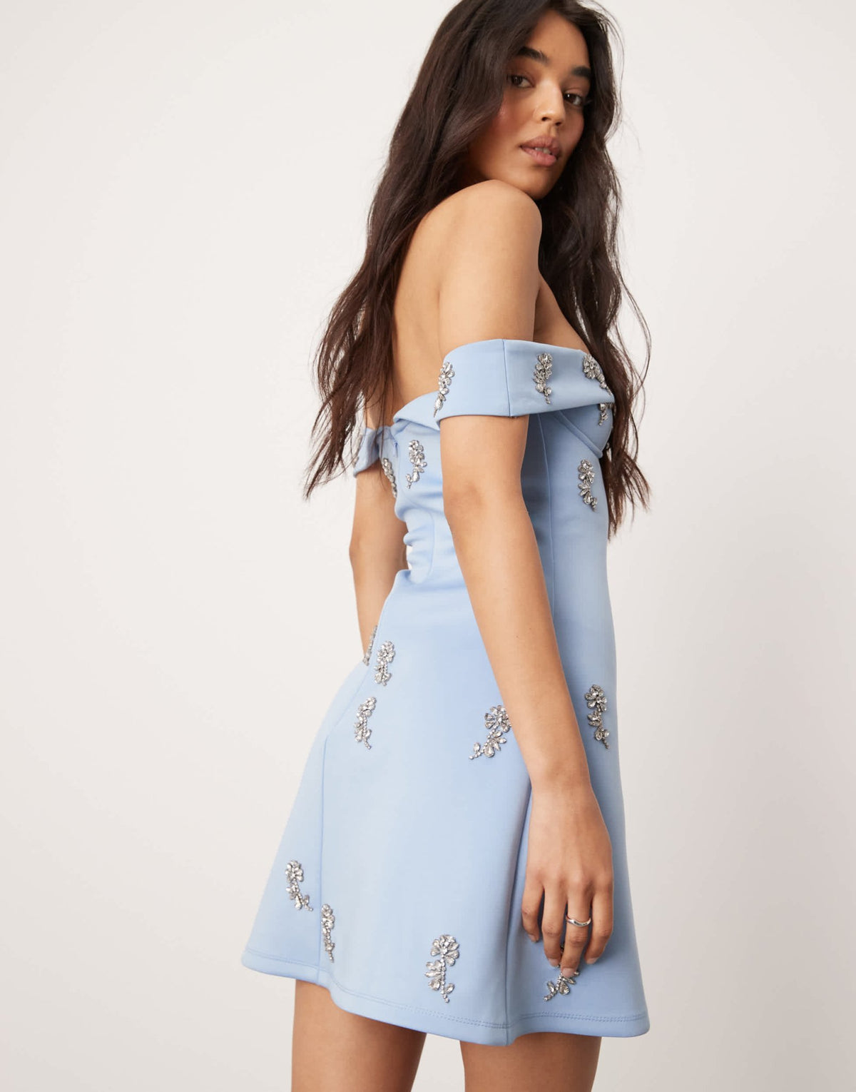 ASOS DESIGN cupped bardot mini dress with floral embellishment in pale blue - ASOS Sample Sale