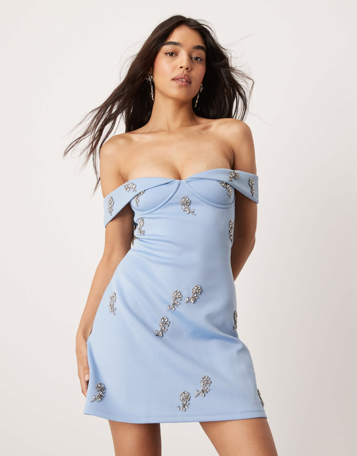 ASOS DESIGN cupped bardot mini dress with floral embellishment in pale blue - ASOS Sample Sale