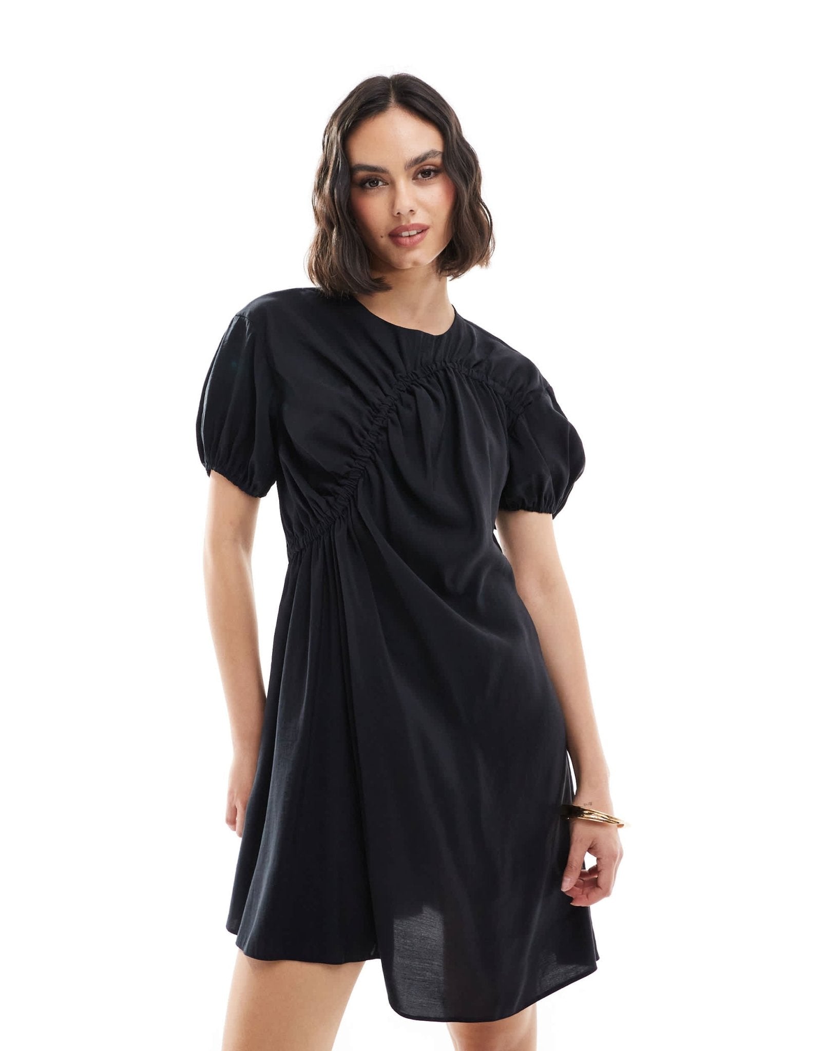 ASOS DESIGN cupro puff sleeve mini smock dress with ruching detail in black - ASOS Sample Sale