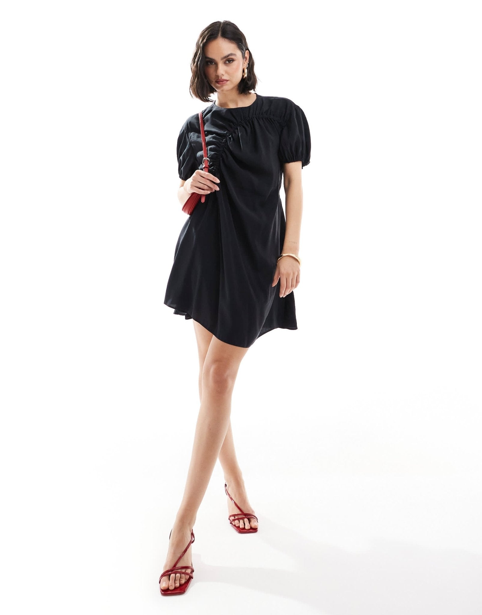 ASOS DESIGN cupro puff sleeve mini smock dress with ruching detail in black - ASOS Sample Sale