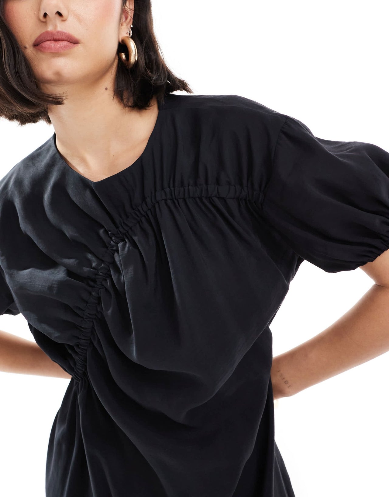 ASOS DESIGN cupro puff sleeve mini smock dress with ruching detail in black - ASOS Sample Sale