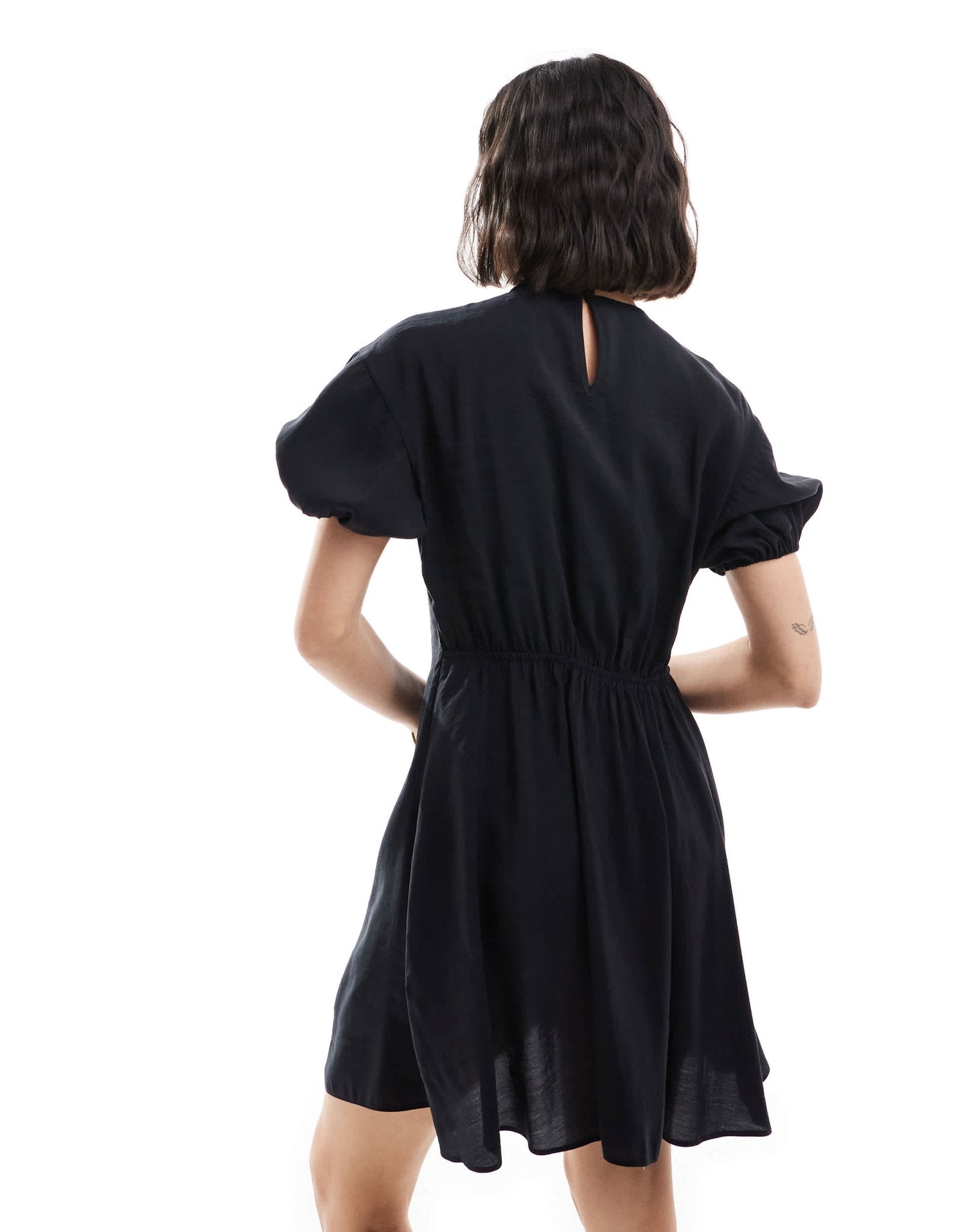 ASOS DESIGN cupro puff sleeve mini smock dress with ruching detail in black - ASOS Sample Sale