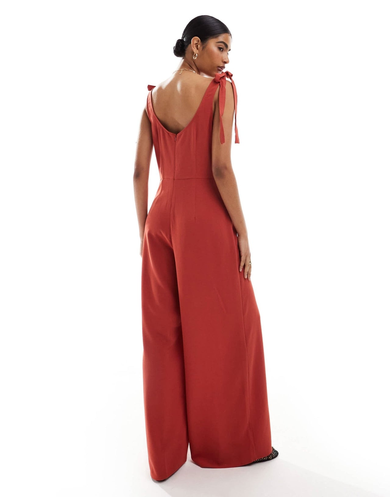 ASOS DESIGN cupro scoop neck wide leg jumpsuit with tie details in terracotta - ASOS Sample Sale
