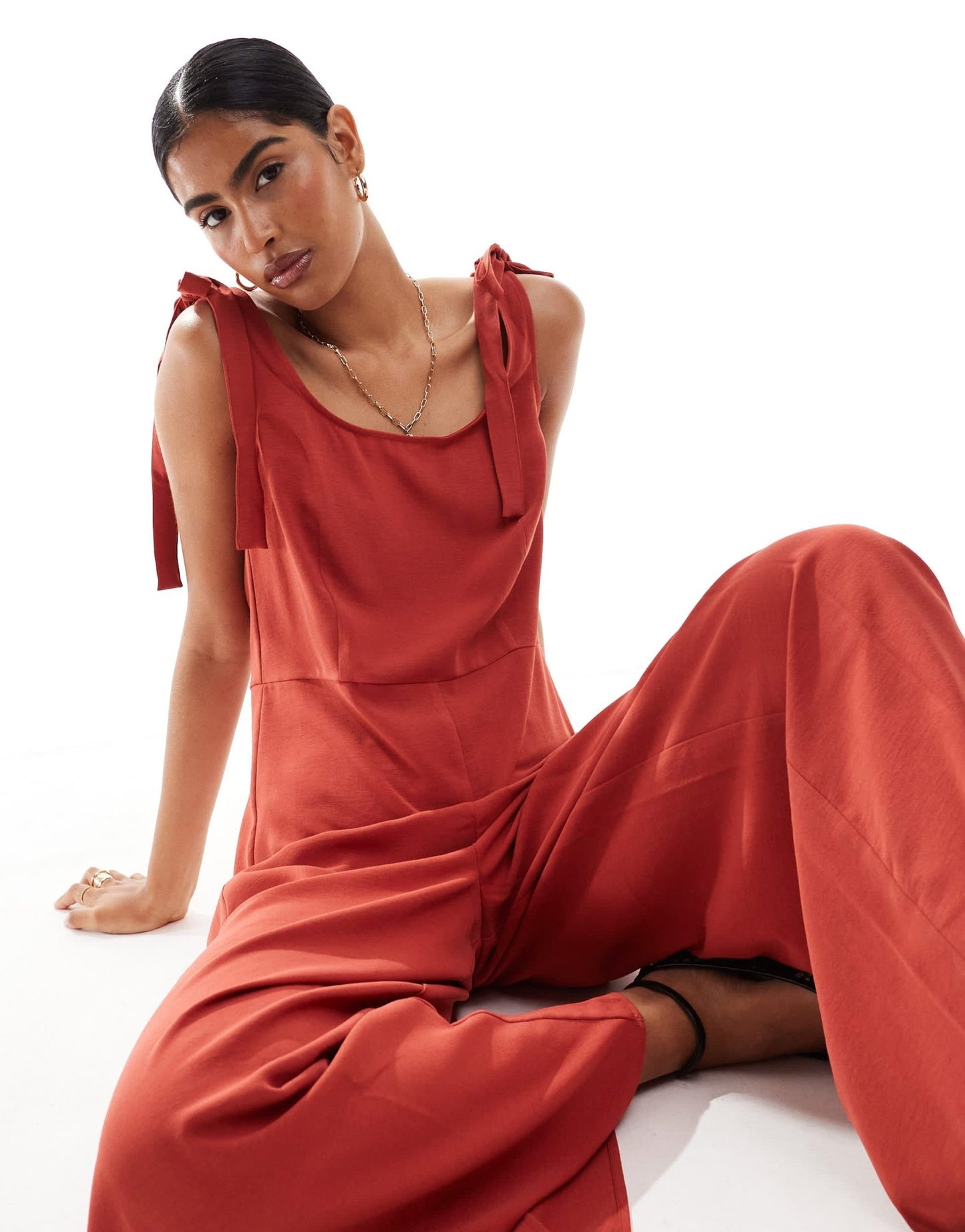 ASOS DESIGN cupro scoop neck wide leg jumpsuit with tie details in terracotta - ASOS Sample Sale