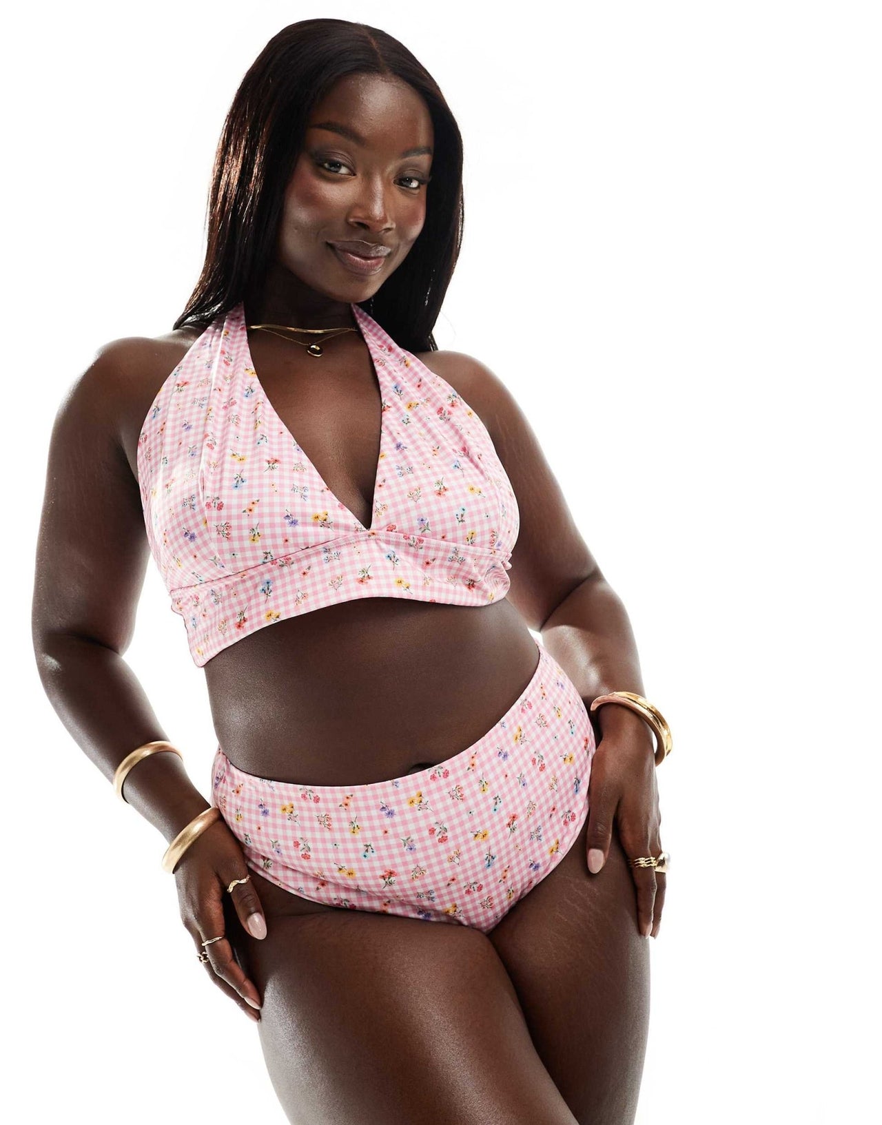 ASOS DESIGN Curve Angie high leg high waist bikini bottom in gingham floral - ASOS Sample Sale