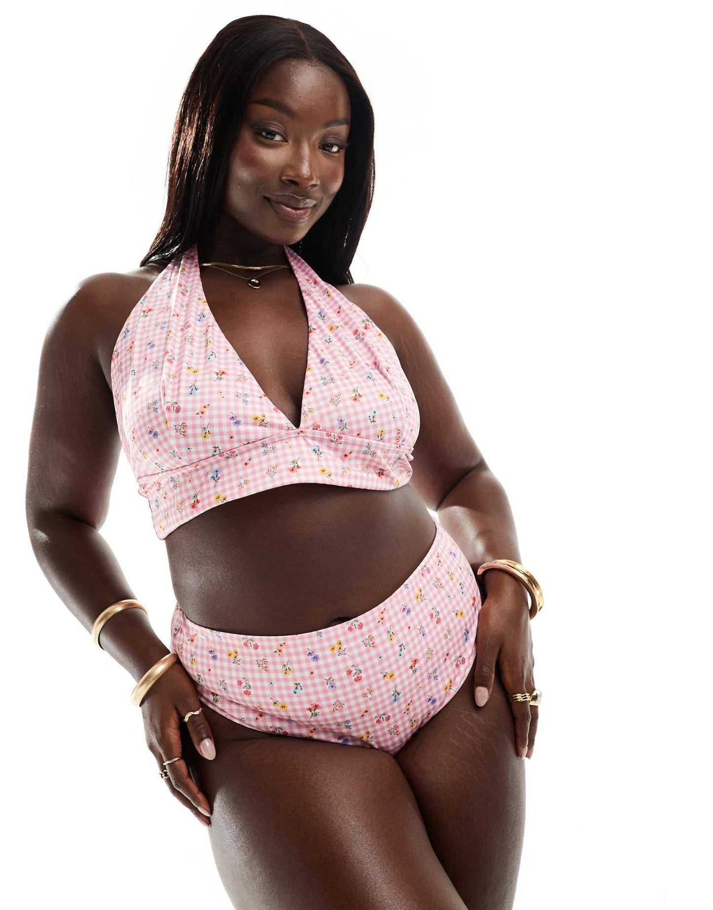 ASOS DESIGN Curve Angie high leg high waist bikini bottom in gingham floral - ASOS Sample Sale