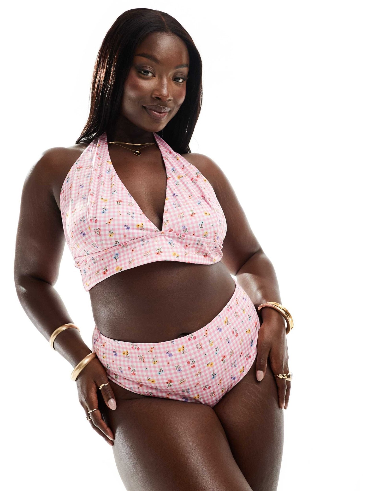 ASOS DESIGN Curve Angie high leg high waist bikini bottom in gingham floral - ASOS Sample Sale