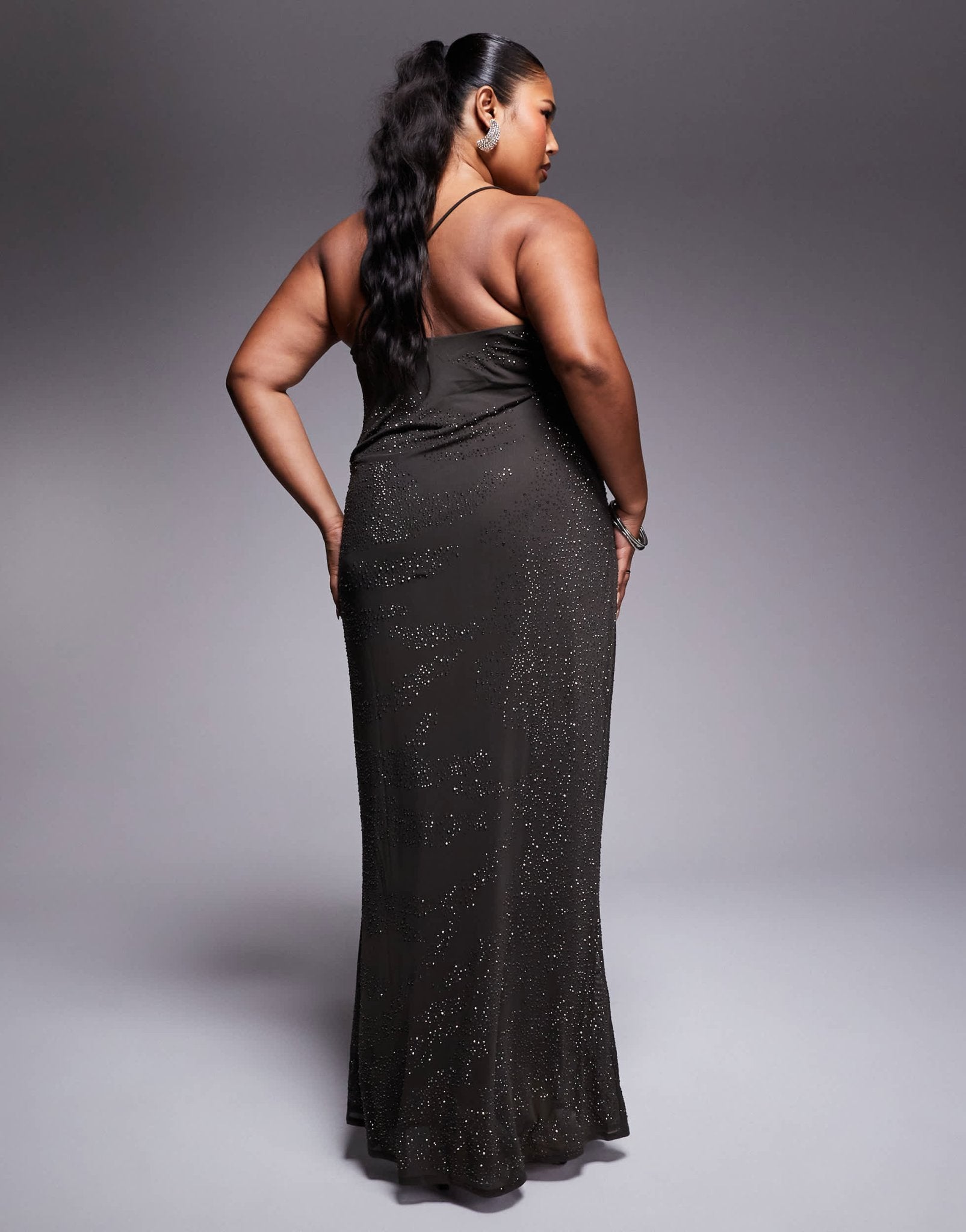 ASOS DESIGN Curve artwork hotfix one shoulder maxi dress with open back in charcoal - ASOS Sample Sale