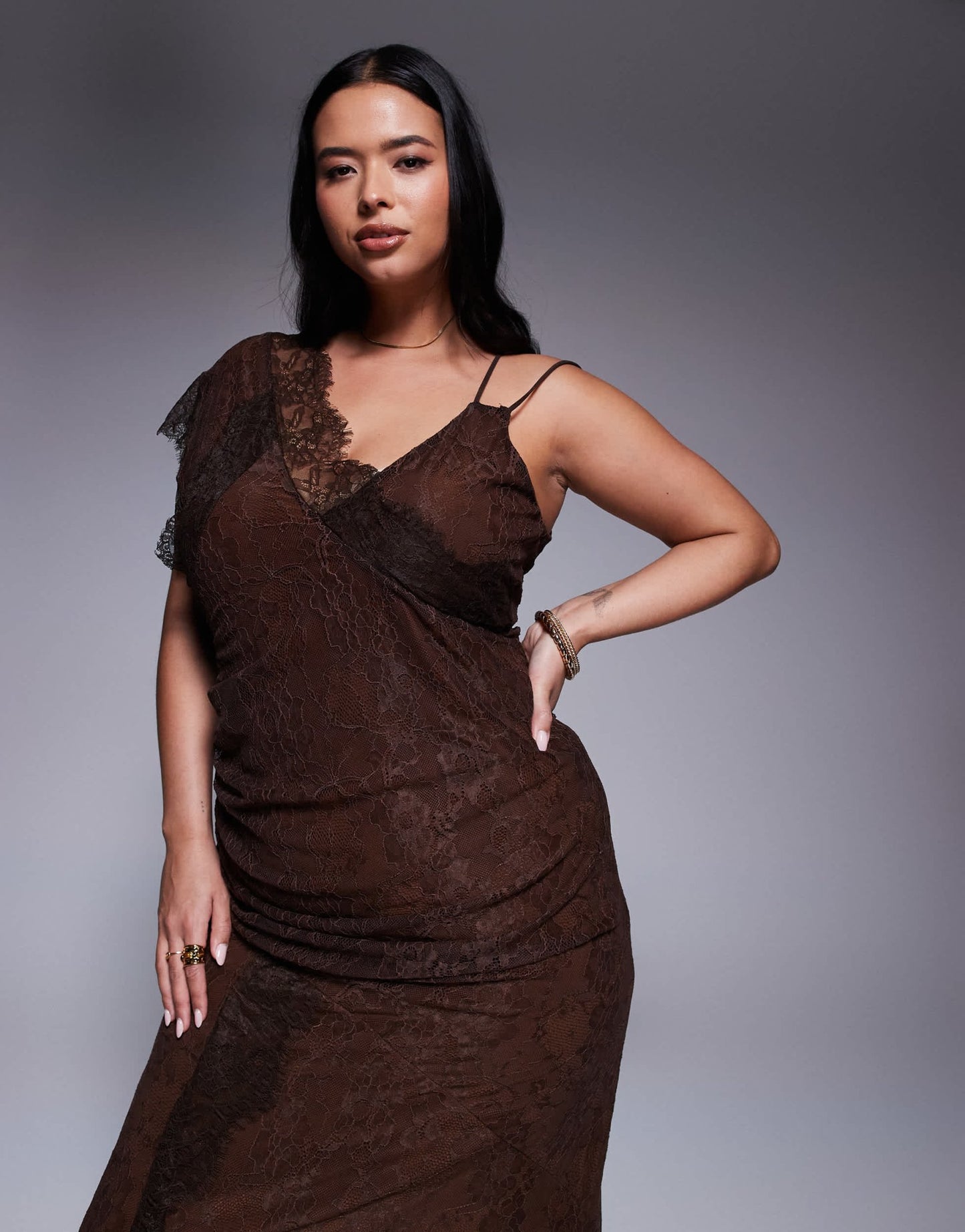 ASOS DESIGN Curve asymmetric lace strappy maxi dress with full hem in chocolate - ASOS Sample Sale