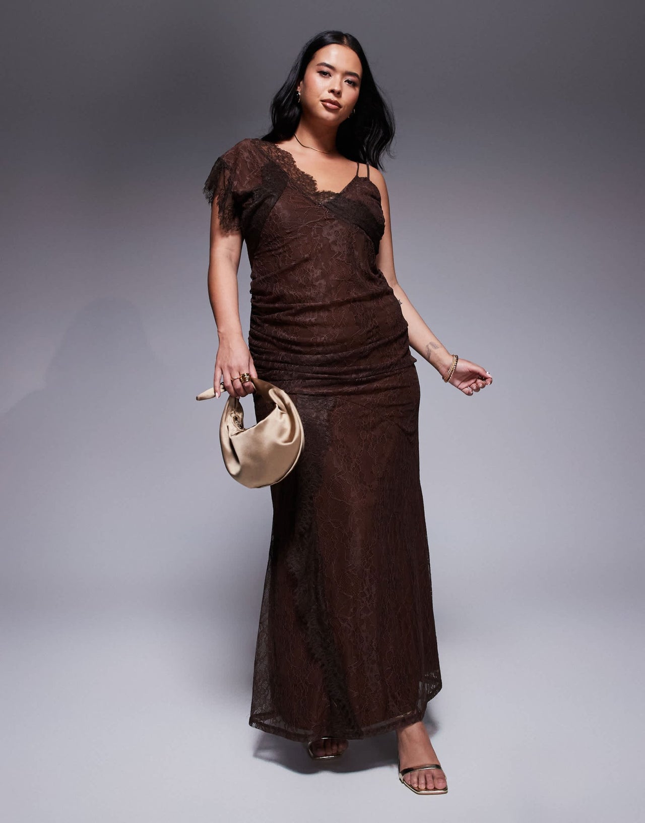 ASOS DESIGN Curve asymmetric lace strappy maxi dress with full hem in chocolate - ASOS Sample Sale
