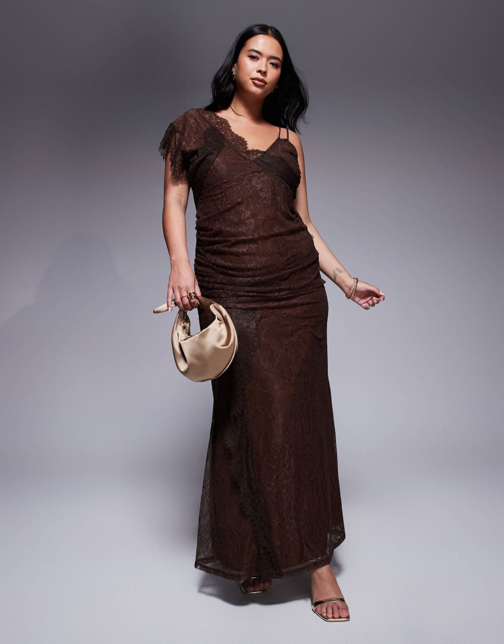 ASOS DESIGN Curve asymmetric lace strappy maxi dress with full hem in chocolate - ASOS Sample Sale