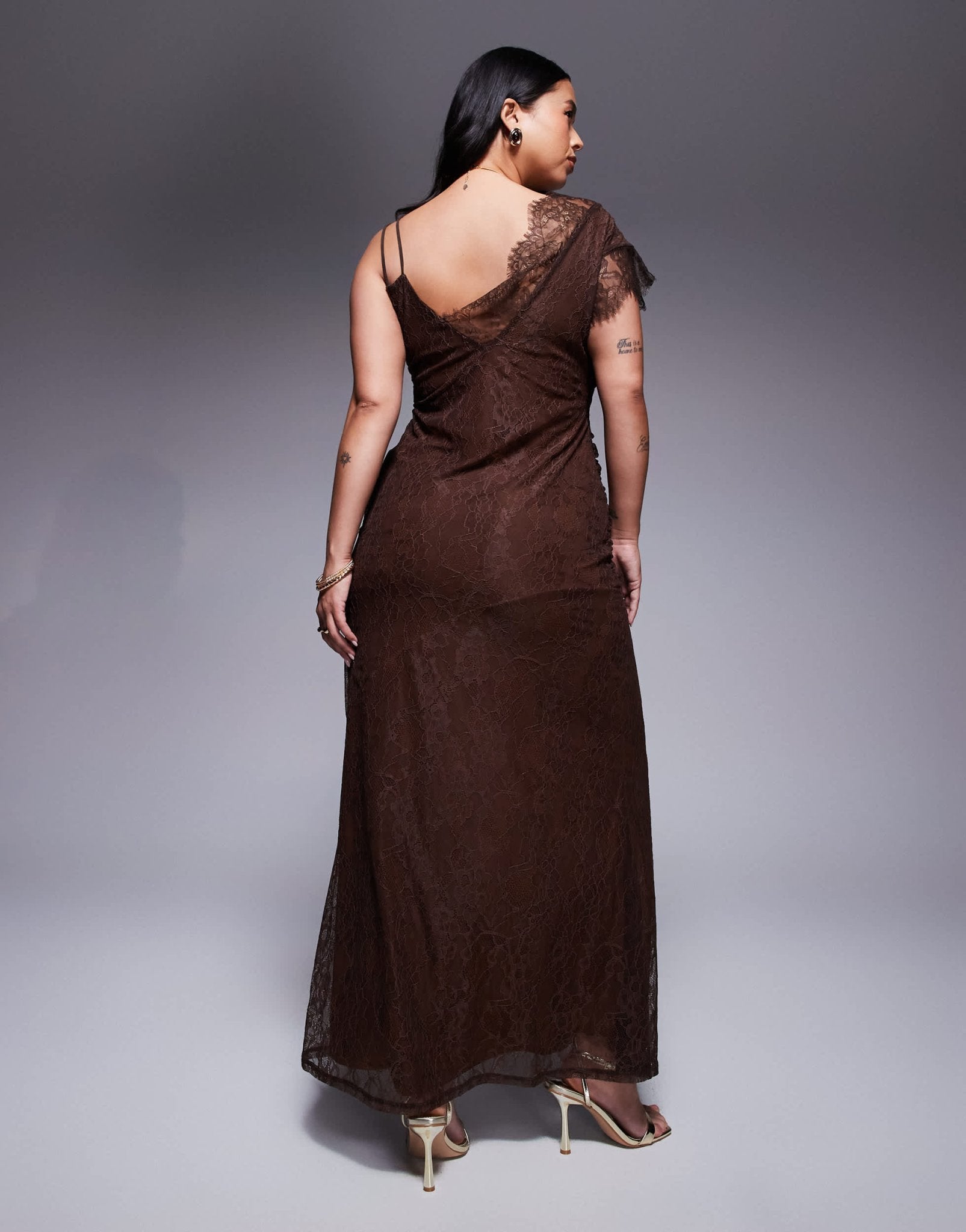 ASOS DESIGN Curve asymmetric lace strappy maxi dress with full hem in chocolate - ASOS Sample Sale